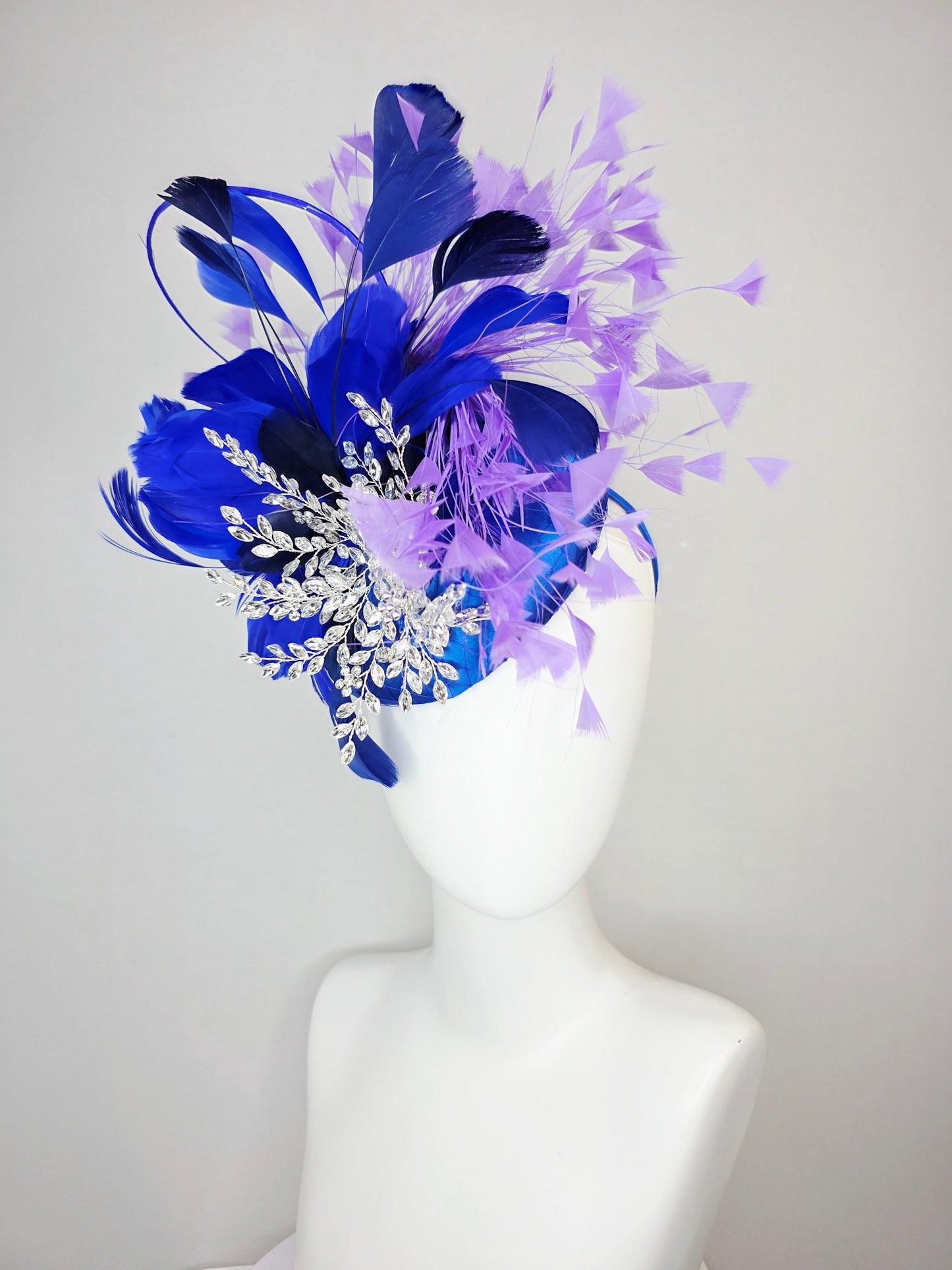 kentucky derby hat fascinator cobalt royal blue satin with netting leaf vine crystal clear rhinestone cobalt blue lavender purple feathers
