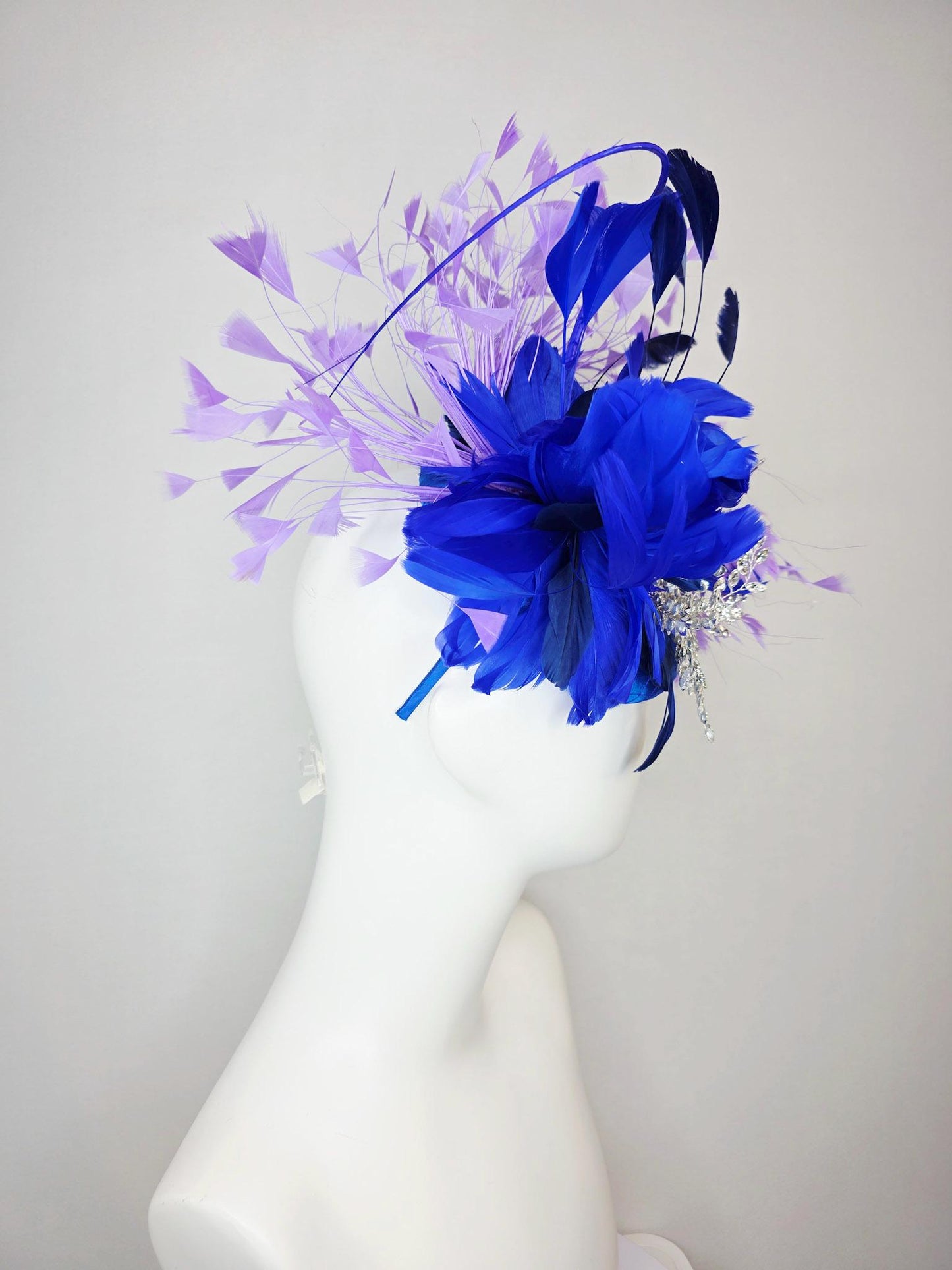 kentucky derby hat fascinator cobalt royal blue satin with netting leaf vine crystal clear rhinestone cobalt blue lavender purple feathers