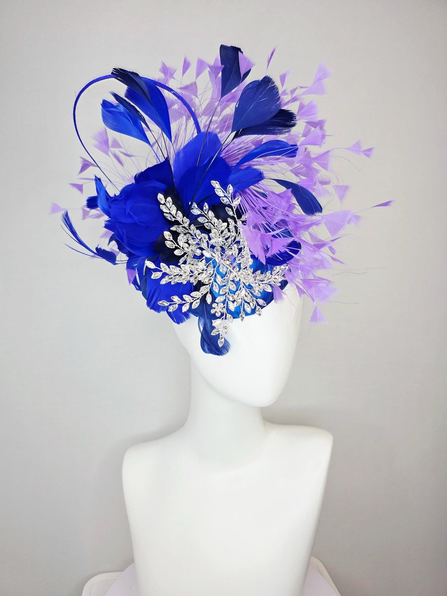 kentucky derby hat fascinator cobalt royal blue satin with netting leaf vine crystal clear rhinestone cobalt blue lavender purple feathers