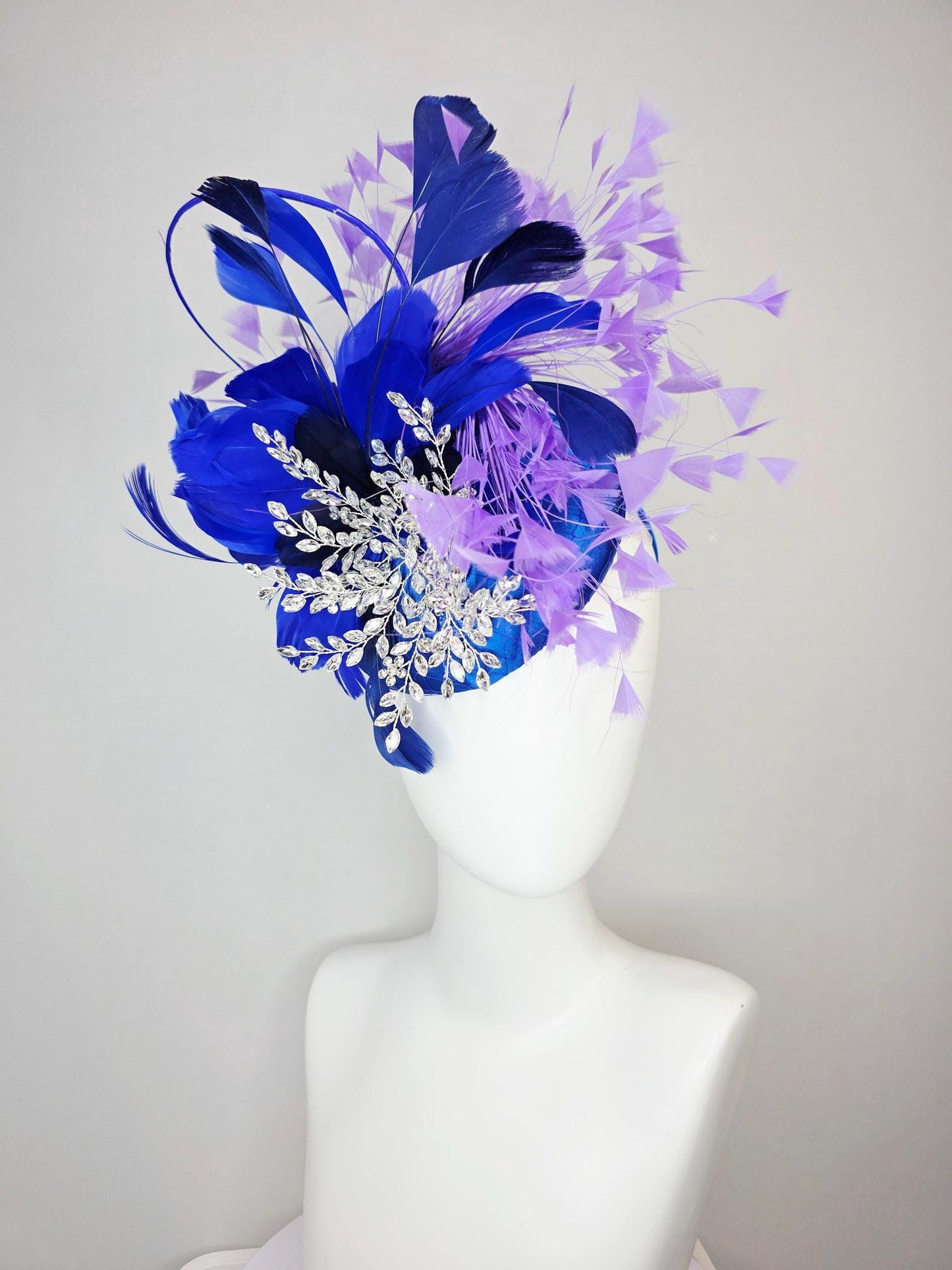 kentucky derby hat fascinator cobalt royal blue satin with netting leaf vine crystal clear rhinestone cobalt blue lavender purple feathers