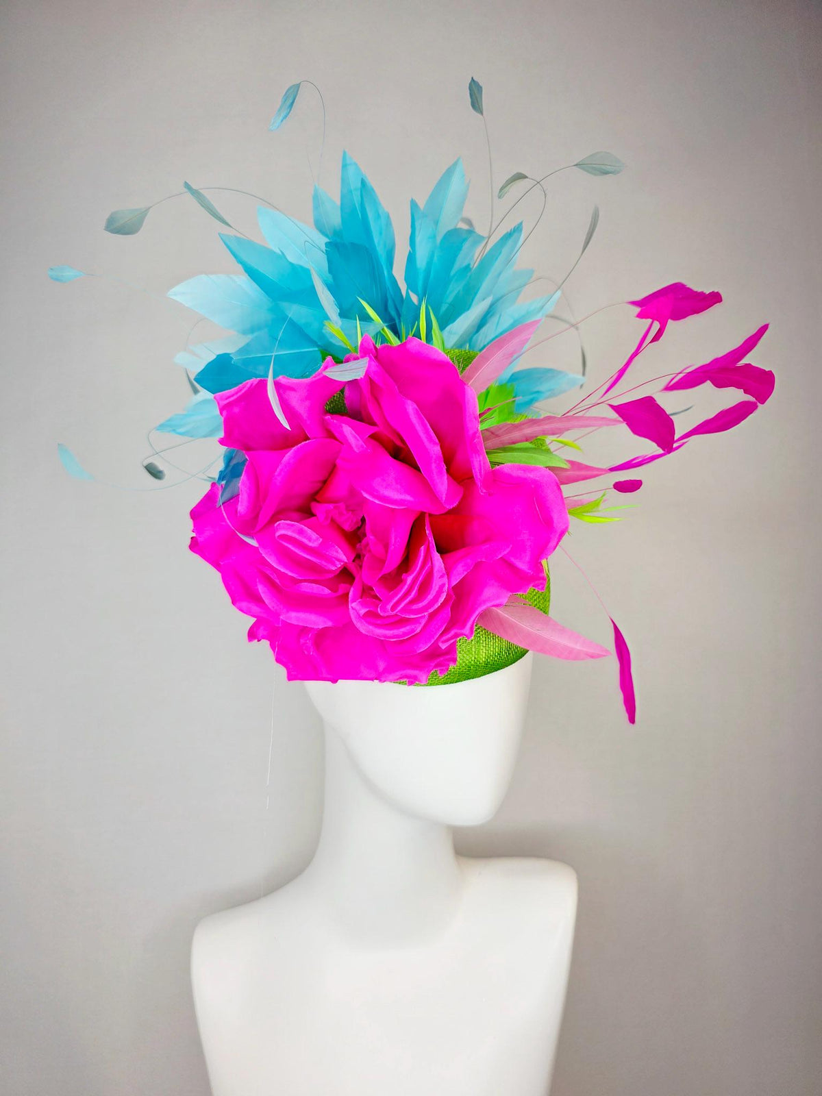 kentucky derby hat fascinator lime green sinamay with bow fuchsia pink satin silk flower lime green sky turquoise blue branching feathers