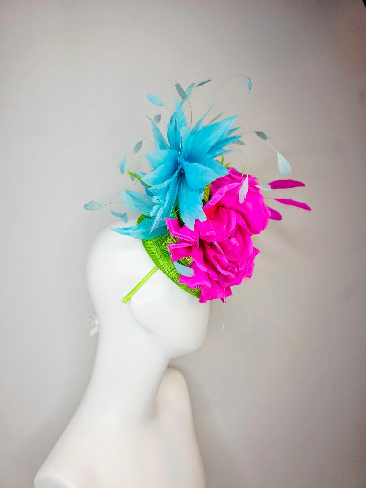 kentucky derby hat fascinator lime green sinamay with bow fuchsia pink satin silk flower lime green sky turquoise blue branching feathers