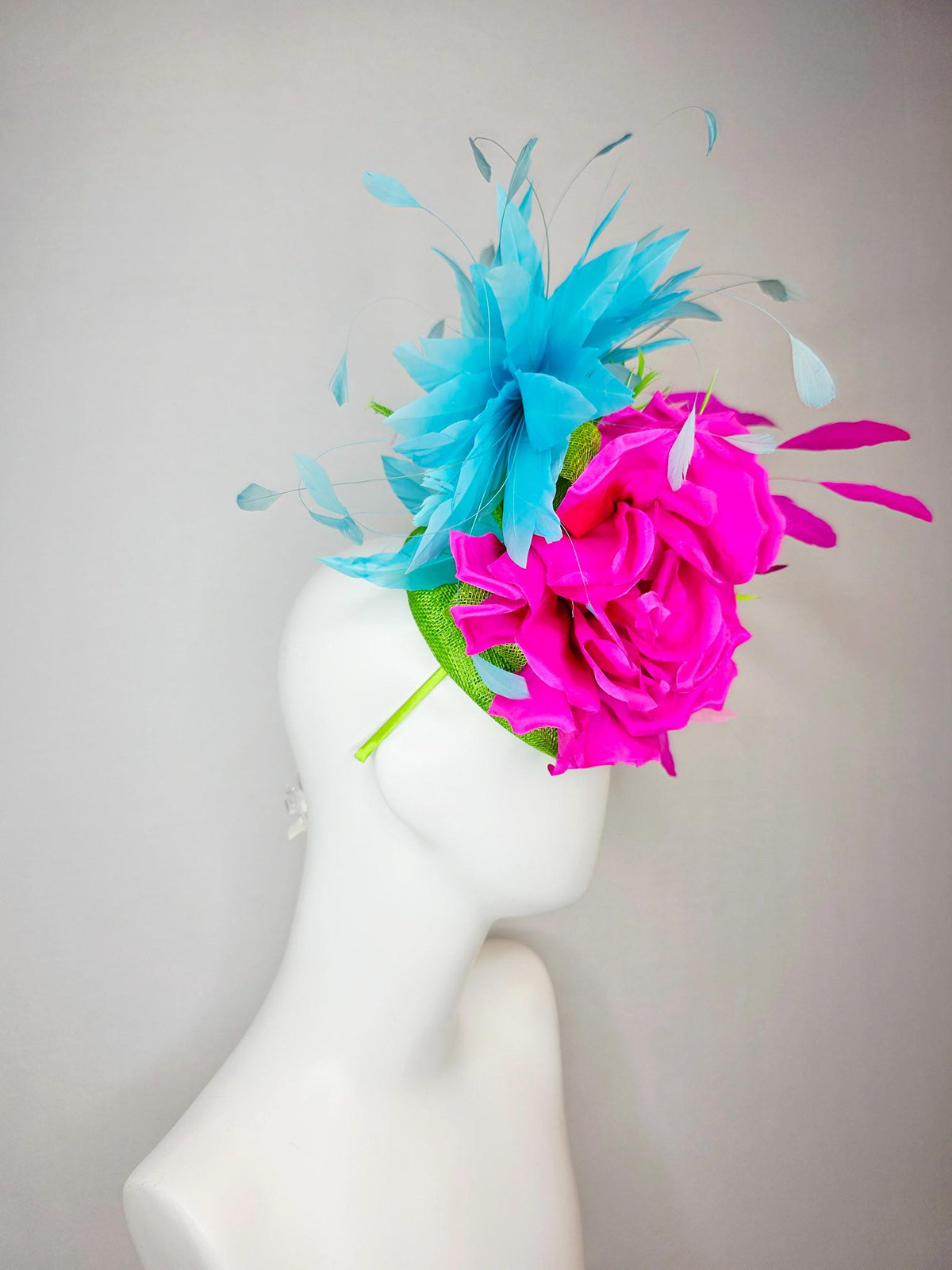 kentucky derby hat fascinator lime green sinamay with bow fuchsia pink satin silk flower lime green sky turquoise blue branching feathers