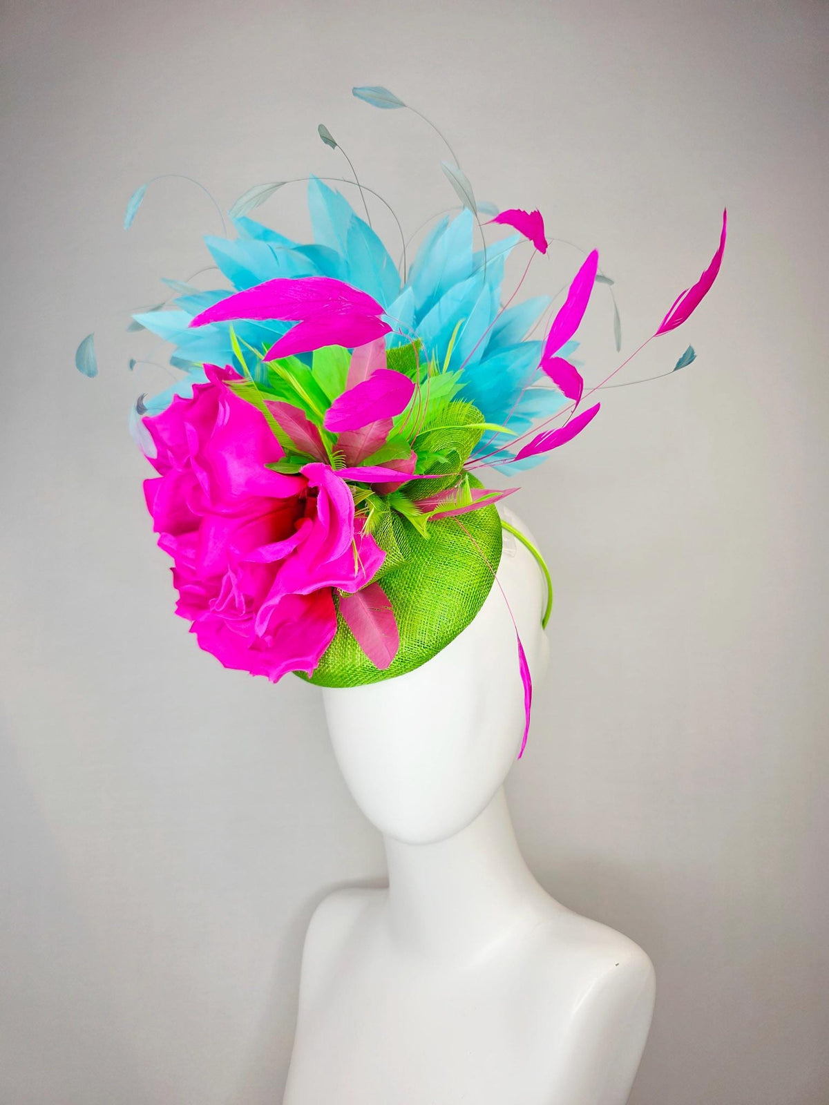 kentucky derby hat fascinator lime green sinamay with bow fuchsia pink satin silk flower lime green sky turquoise blue branching feathers