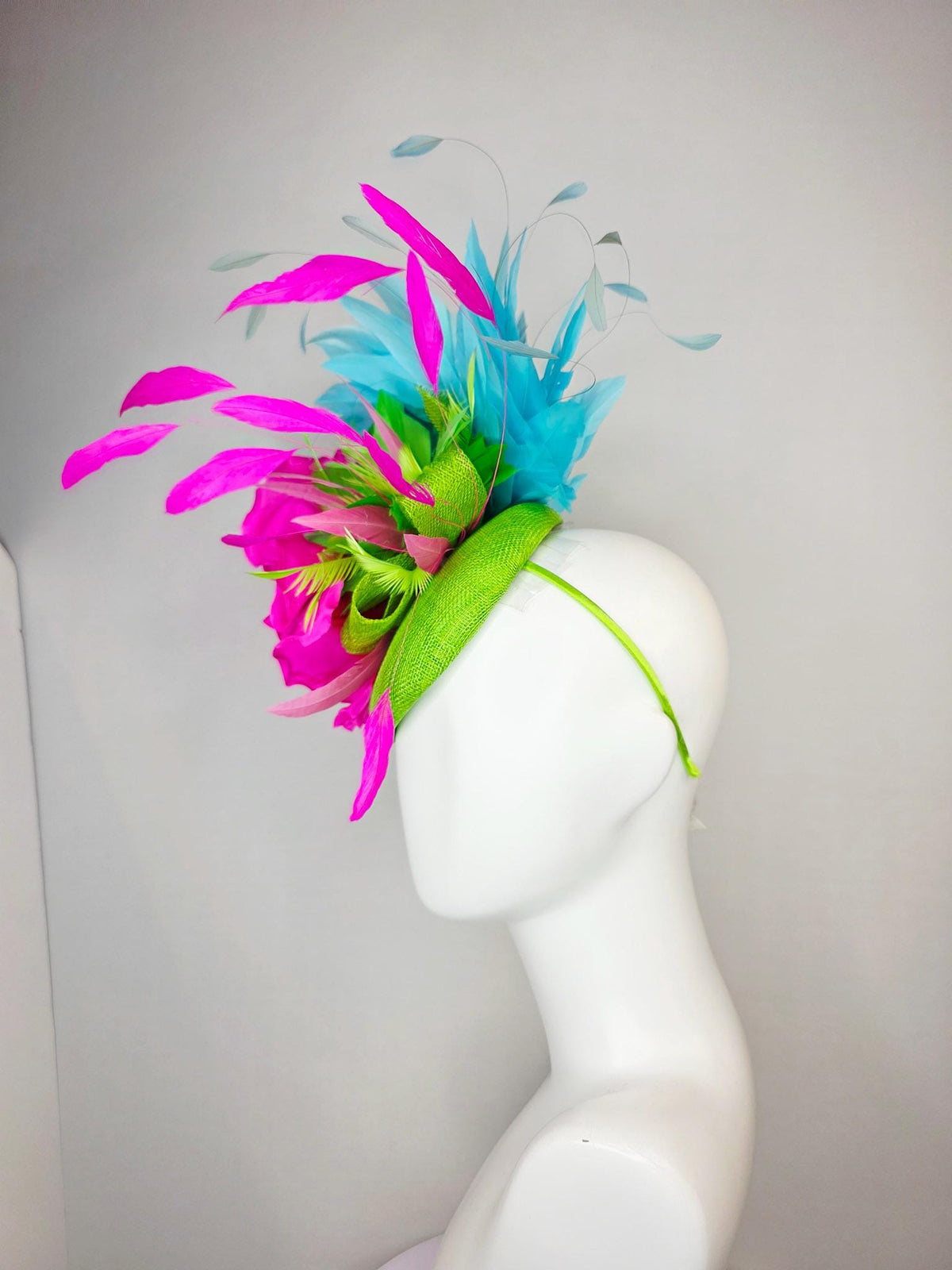 kentucky derby hat fascinator lime green sinamay with bow fuchsia pink satin silk flower lime green sky turquoise blue branching feathers