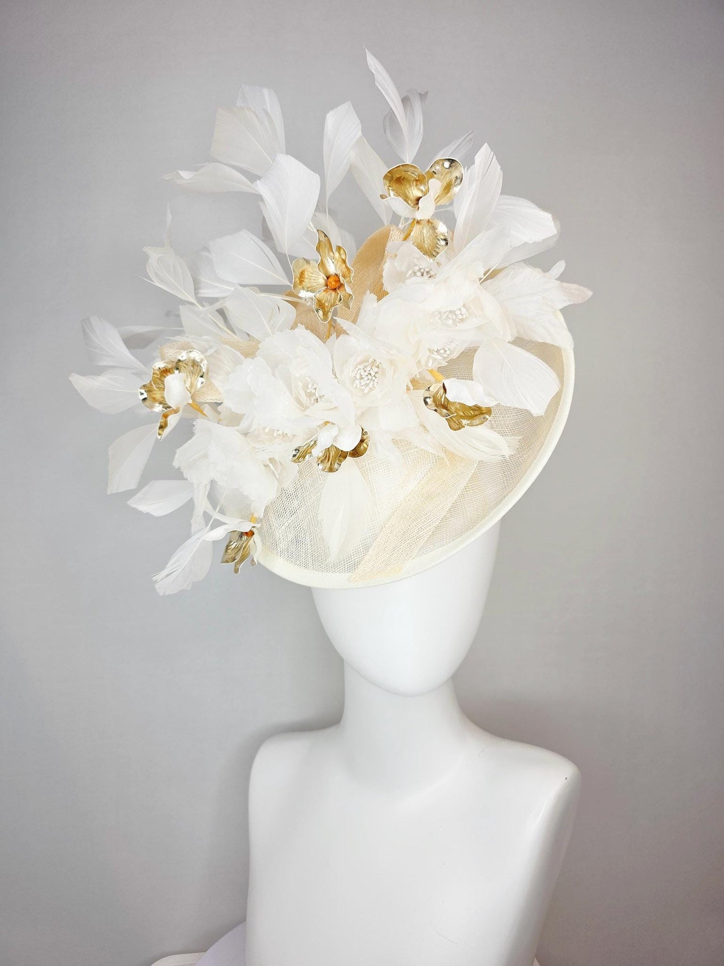 kentucky derby hat fascinator neutral cream ivory beige sinamay saucer with bow white organza flowers and gold orchids and white feathers