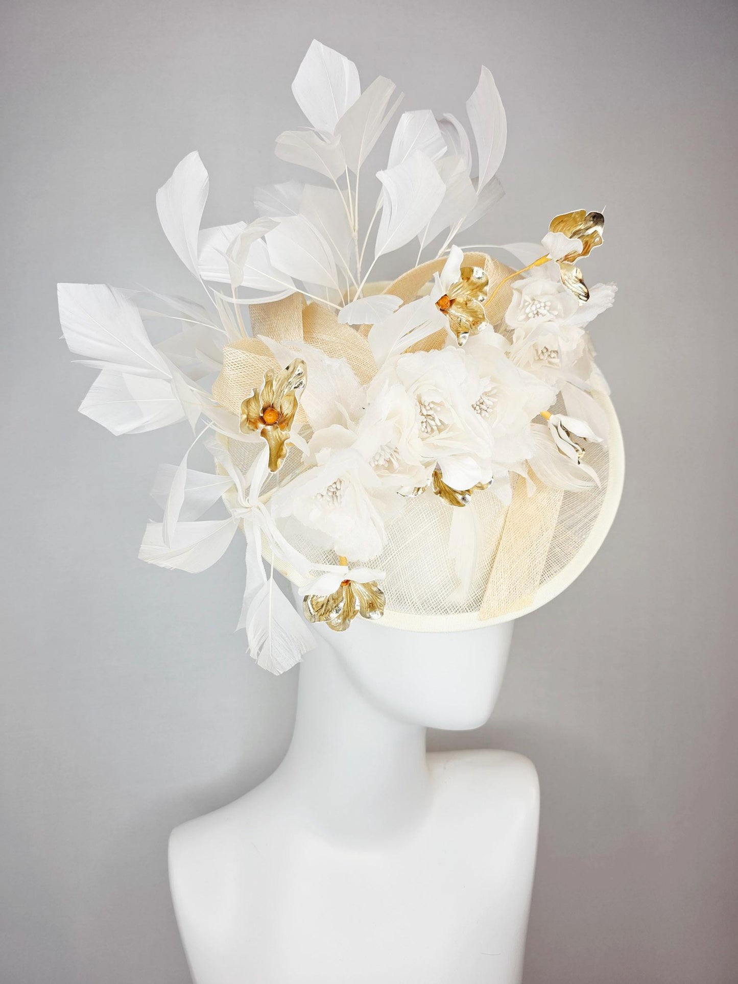 kentucky derby hat fascinator neutral cream ivory beige sinamay saucer with bow white organza flowers and gold orchids and white feathers