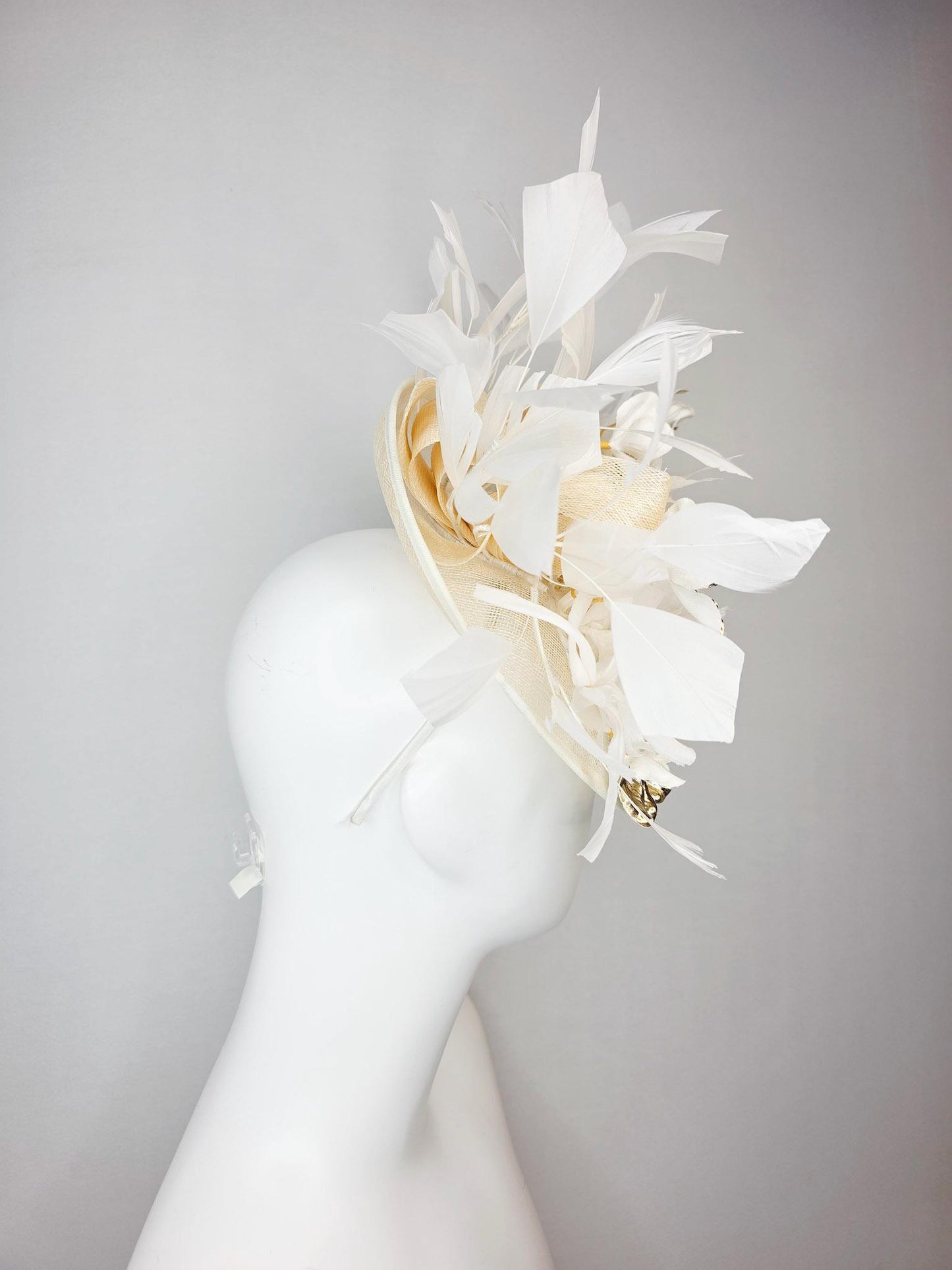 kentucky derby hat fascinator neutral cream ivory beige sinamay saucer with bow white organza flowers and gold orchids and white feathers