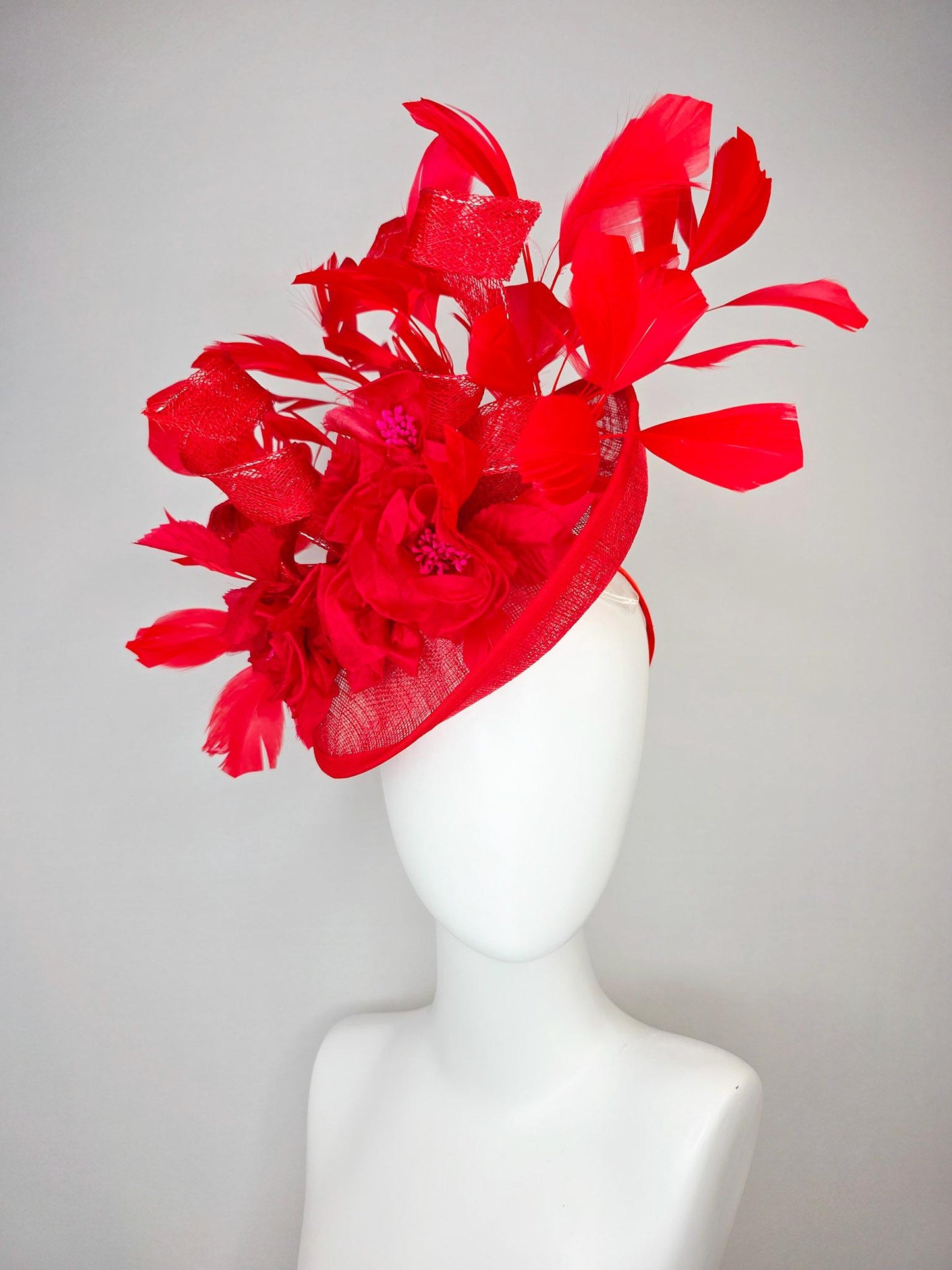kentucky derby hat fascinator scarlet red sinamay saucer with curls red organza satin flowers with red leaves bright red branching feathers