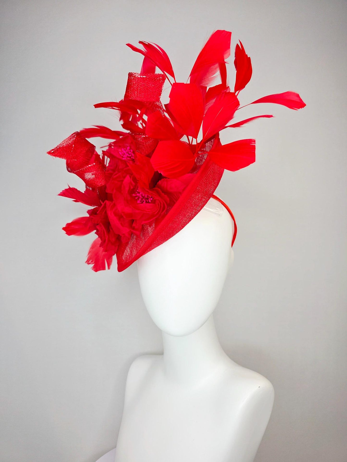 kentucky derby hat fascinator scarlet red sinamay saucer with curls red organza satin flowers with red leaves bright red branching feathers