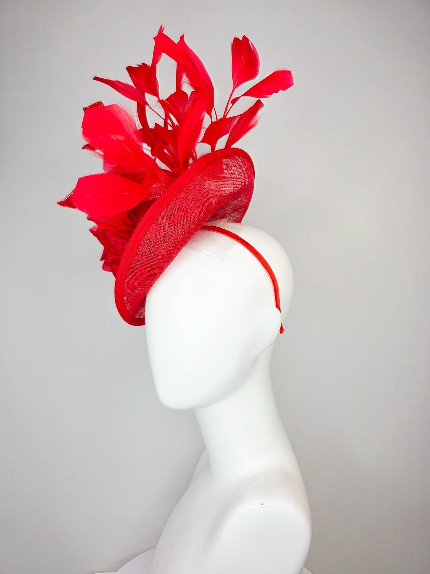 kentucky derby hat fascinator scarlet red sinamay saucer with curls red organza satin flowers with red leaves bright red branching feathers
