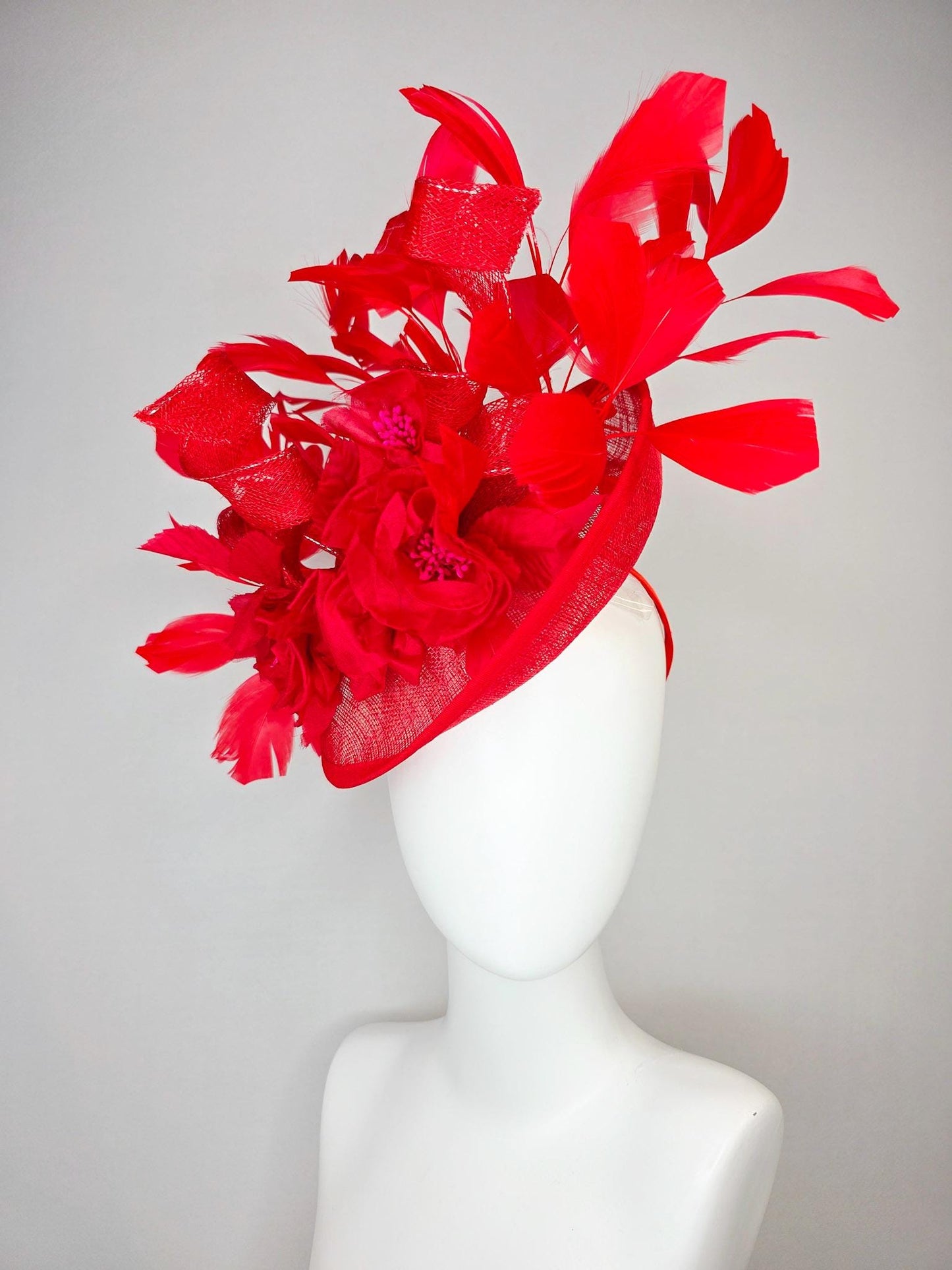 kentucky derby hat fascinator scarlet red sinamay saucer with curls red organza satin flowers with red leaves bright red branching feathers