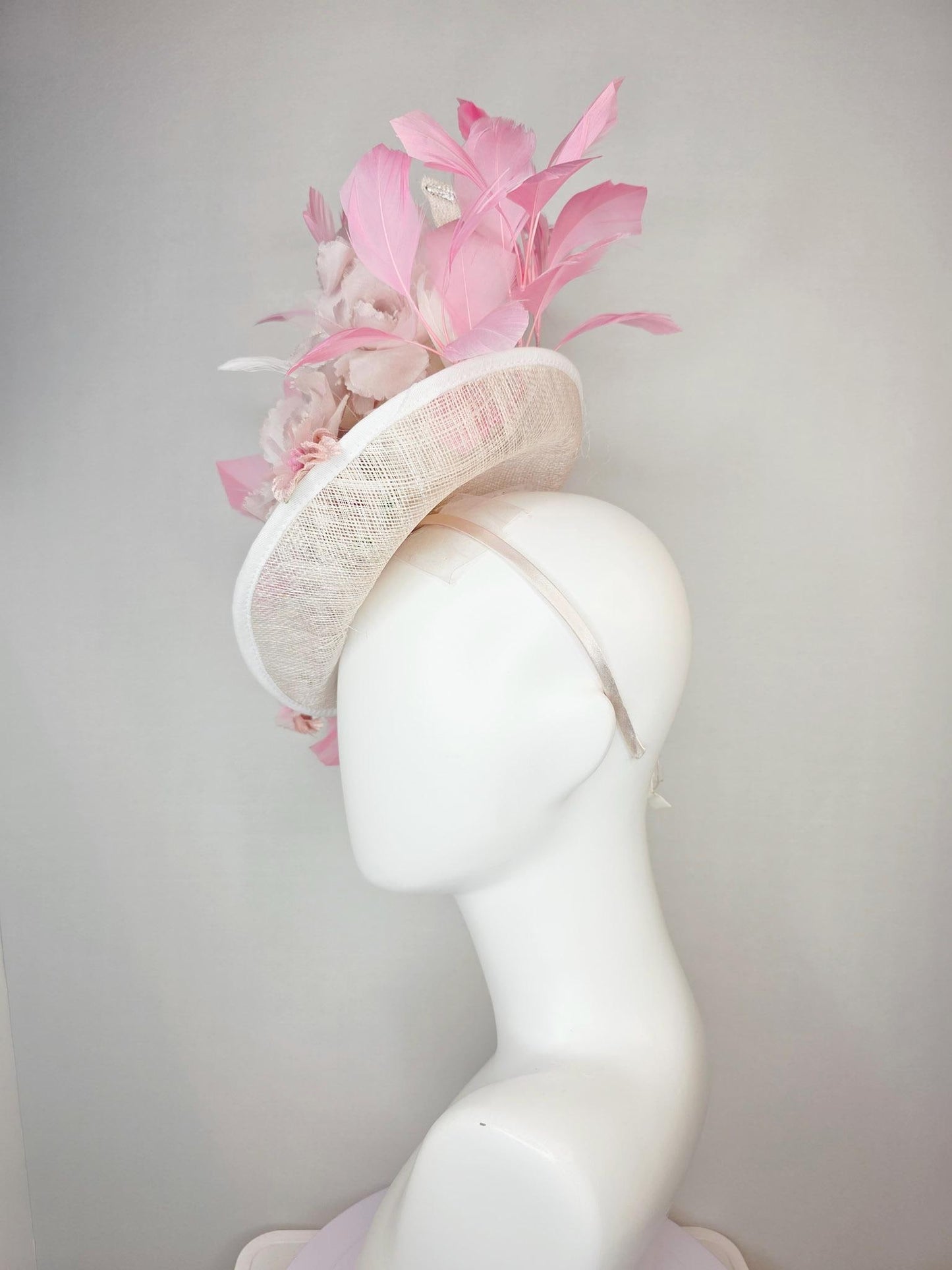 kentucky derby hat fascinator ivory white sinamay saucer with curls light pale pink organza flowers with leaves blush and baby pink feathers