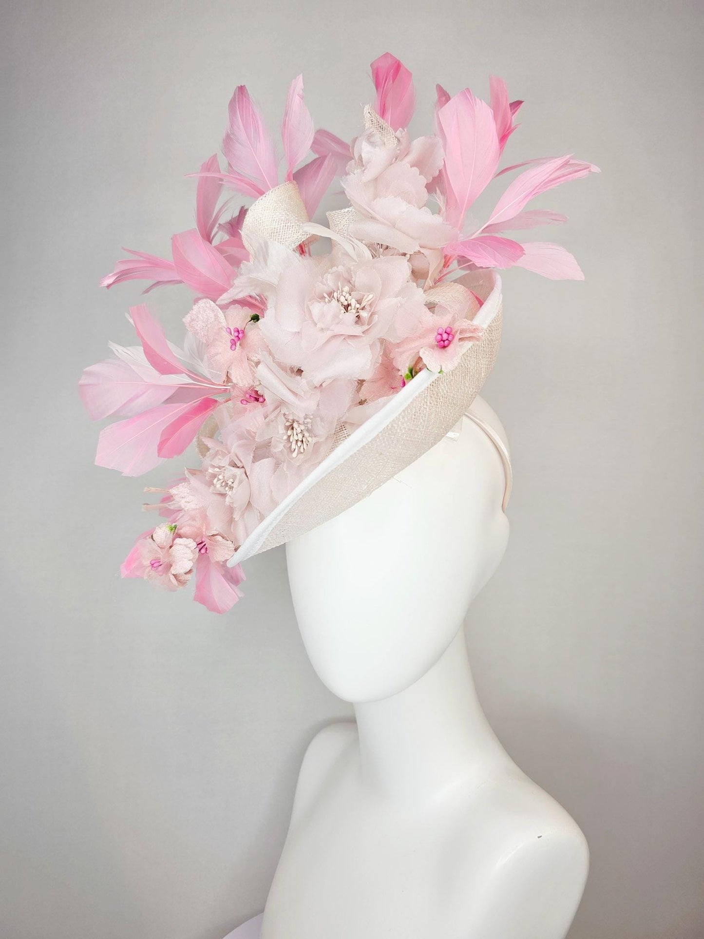 kentucky derby hat fascinator ivory white sinamay saucer with curls light pale pink organza flowers with leaves blush and baby pink feathers