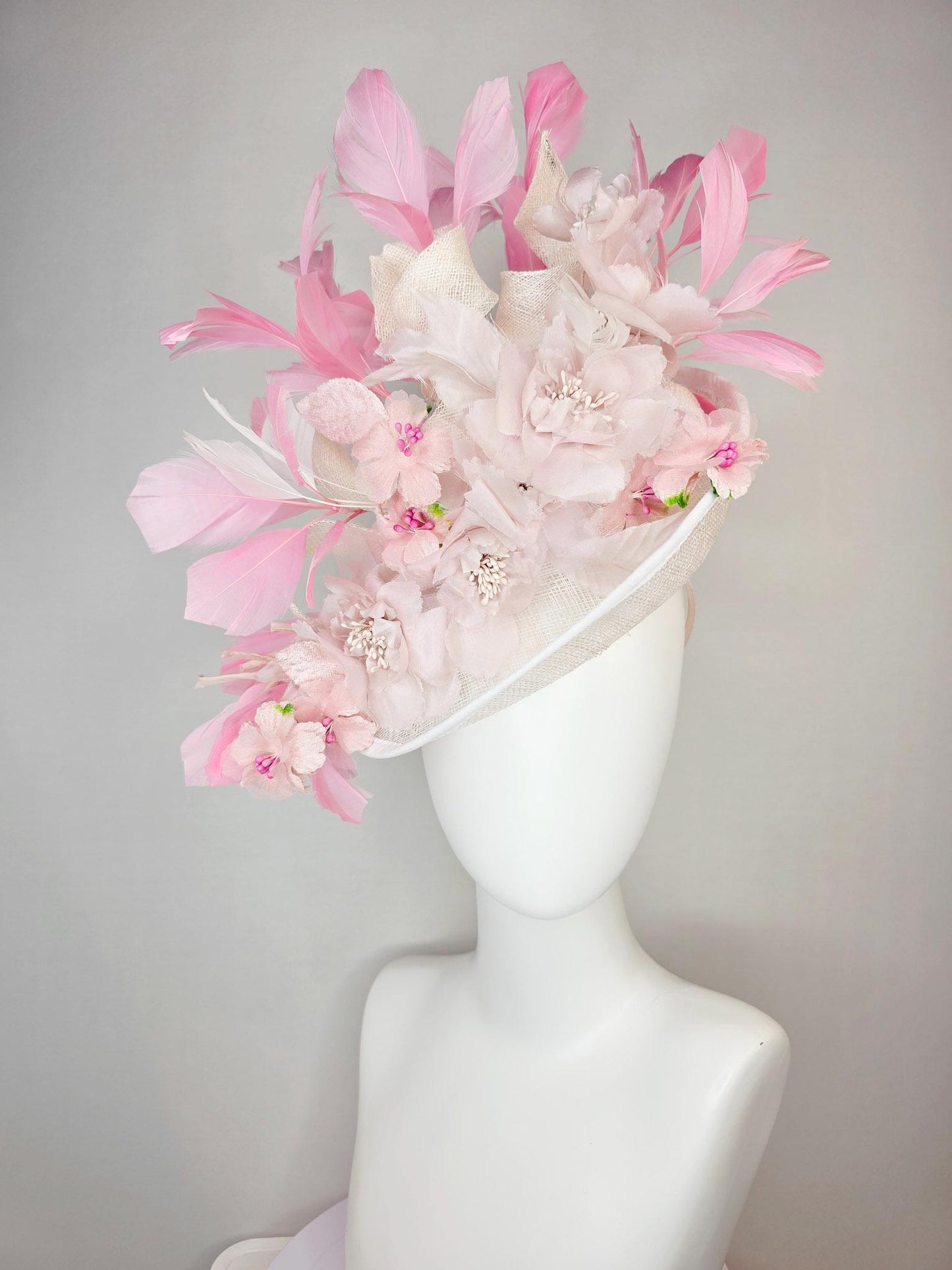 kentucky derby hat fascinator ivory white sinamay saucer with curls light pale pink organza flowers with leaves blush and baby pink feathers