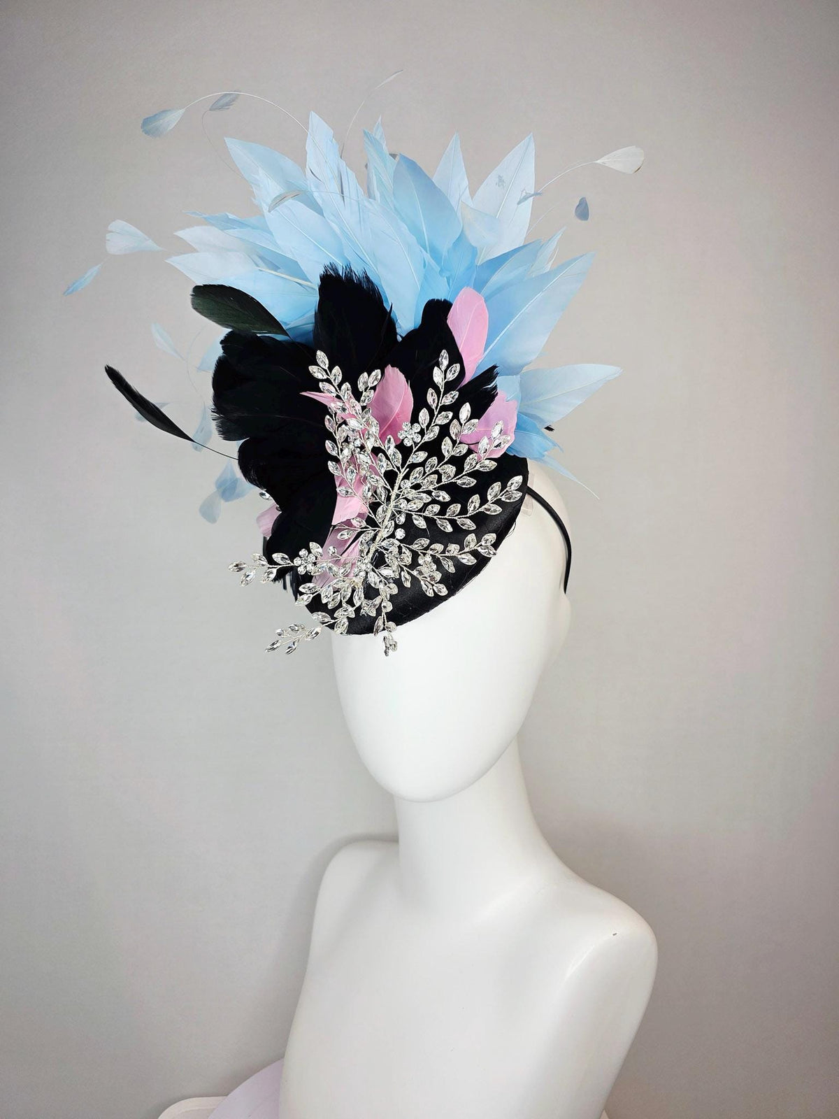 kentucky derby hat fascinator black satin with netting leaf vine crystal clear rhinestone black light pink and baby blue branching feathers