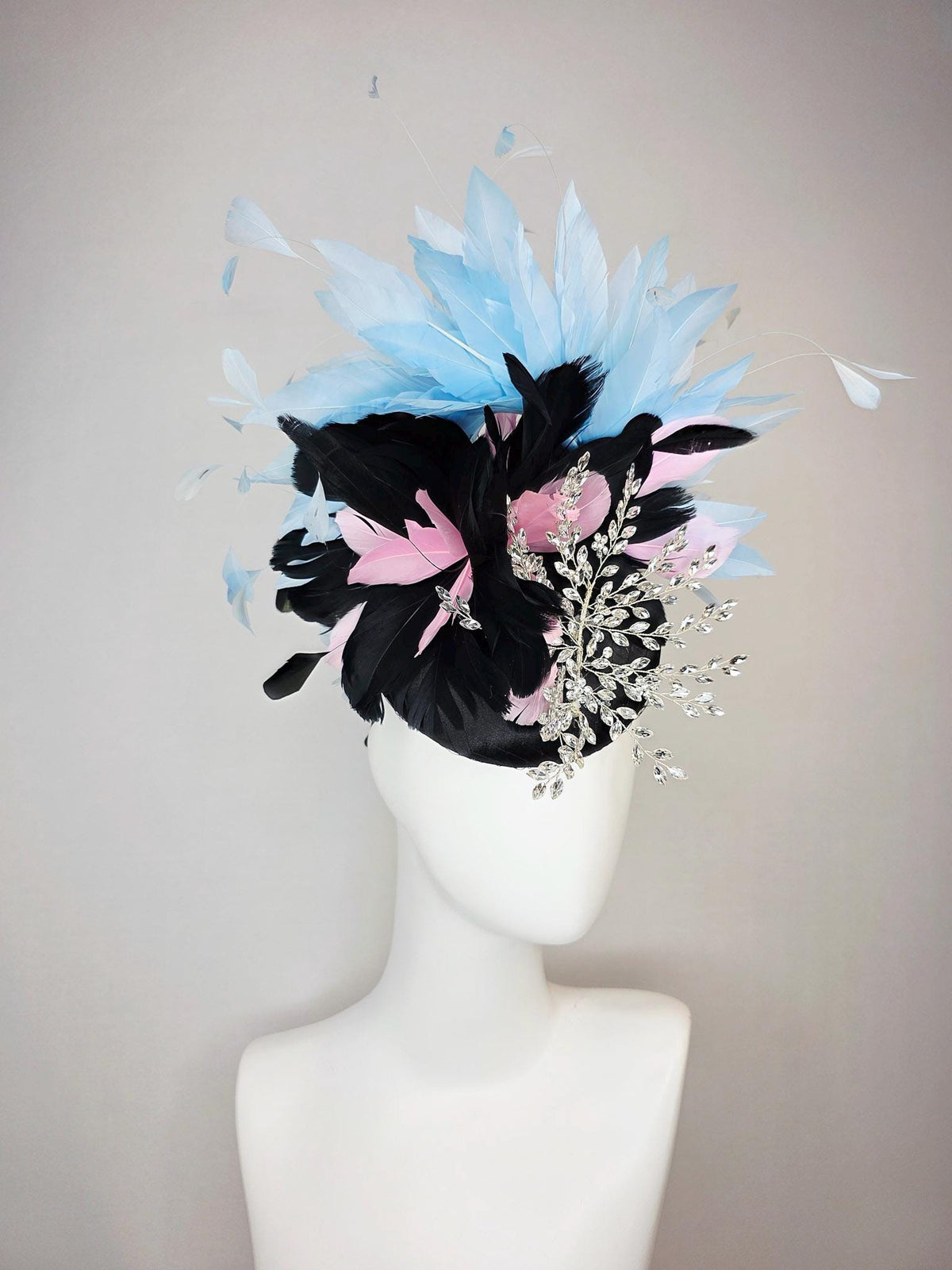 kentucky derby hat fascinator black satin with netting leaf vine crystal clear rhinestone black light pink and baby blue branching feathers