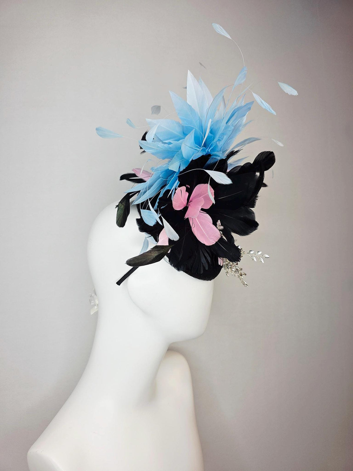 kentucky derby hat fascinator black satin with netting leaf vine crystal clear rhinestone black light pink and baby blue branching feathers