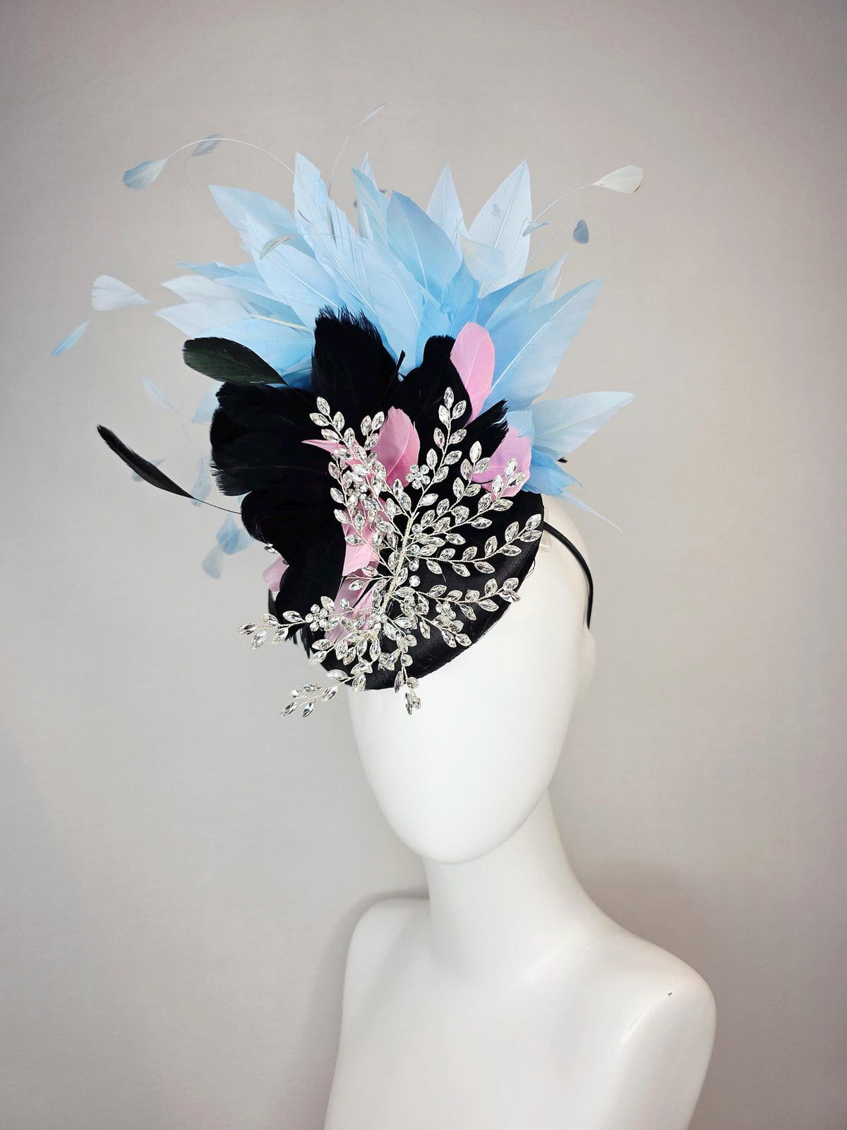 kentucky derby hat fascinator black satin with netting leaf vine crystal clear rhinestone black light pink and baby blue branching feathers