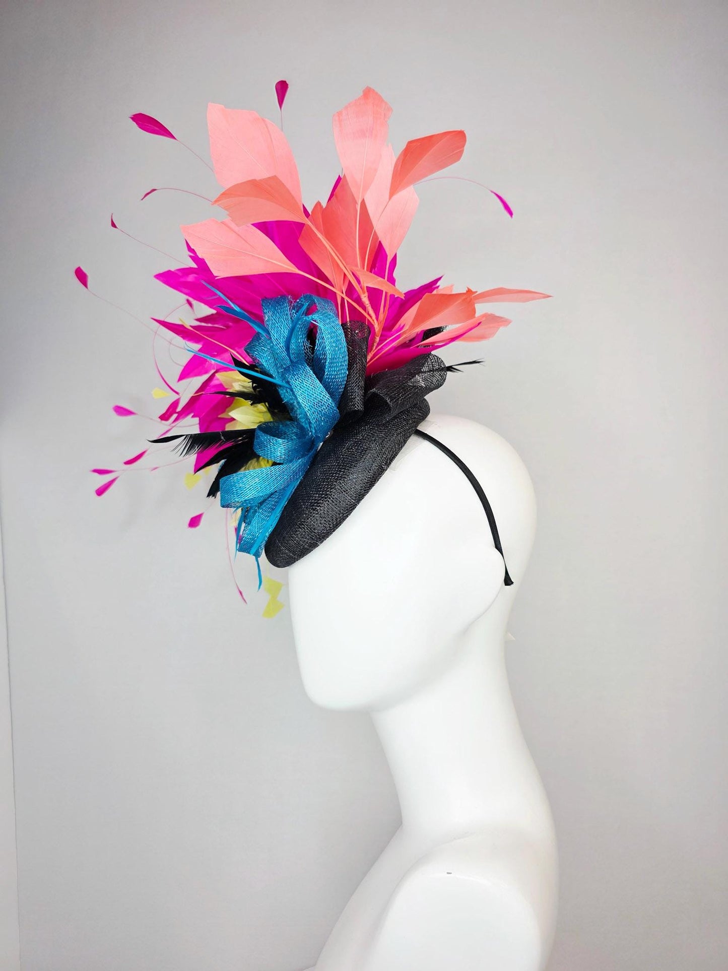 kentucky derby hat fascinator colorful black sinamay with turquoise blue sinamay bow and black yellow peach orange and hot pink feathers