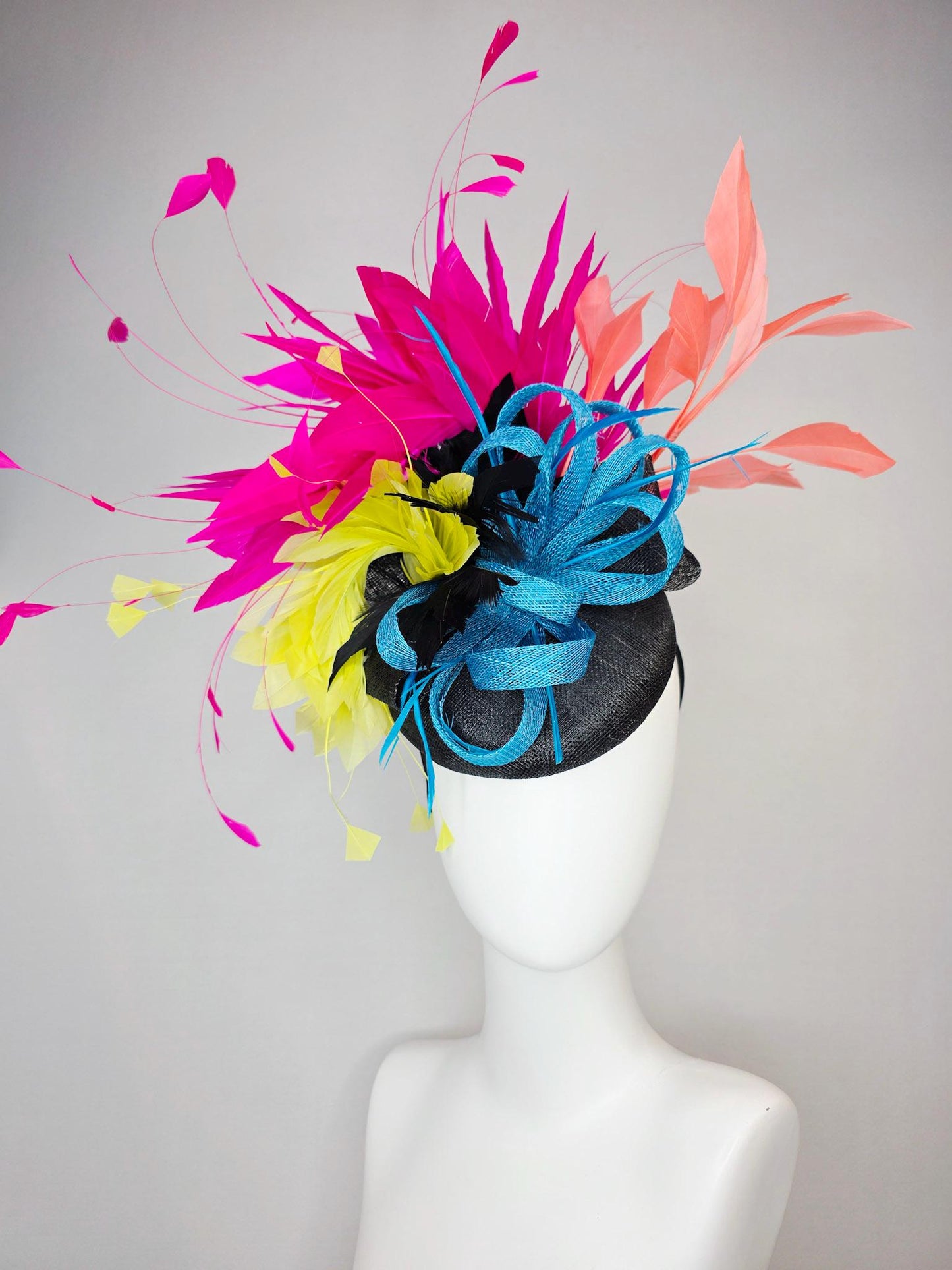 kentucky derby hat fascinator colorful black sinamay with turquoise blue sinamay bow and black yellow peach orange and hot pink feathers