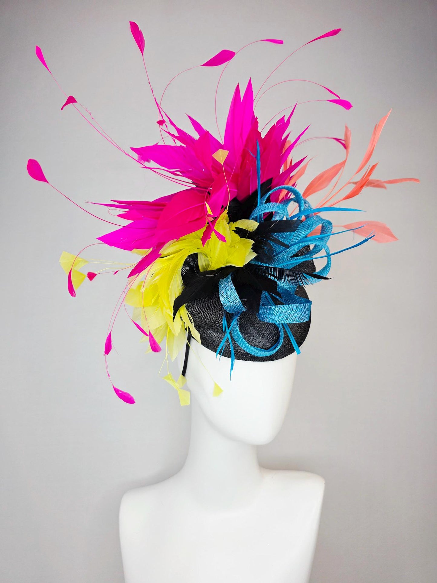 kentucky derby hat fascinator colorful black sinamay with turquoise blue sinamay bow and black yellow peach orange and hot pink feathers