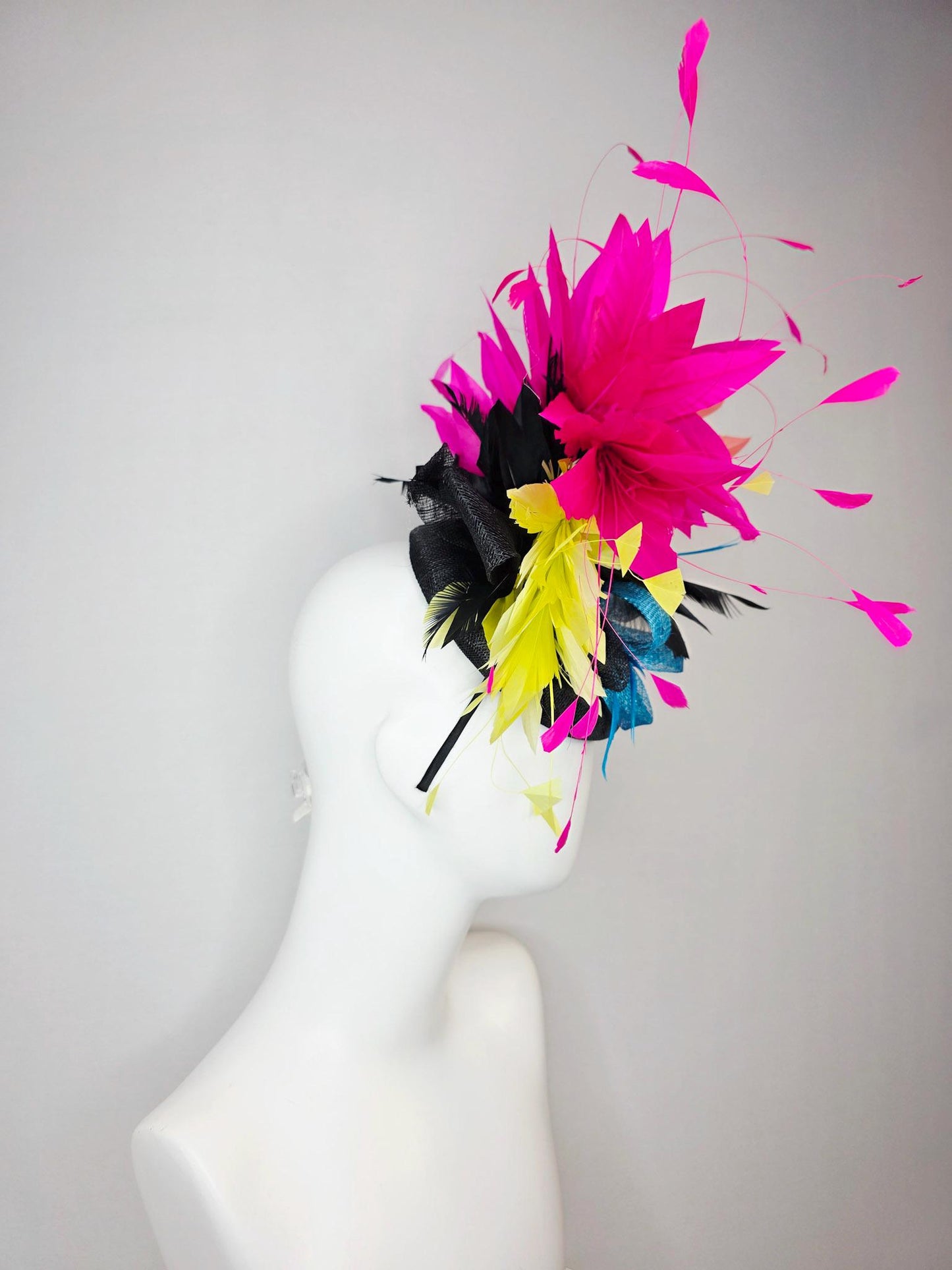 kentucky derby hat fascinator colorful black sinamay with turquoise blue sinamay bow and black yellow peach orange and hot pink feathers
