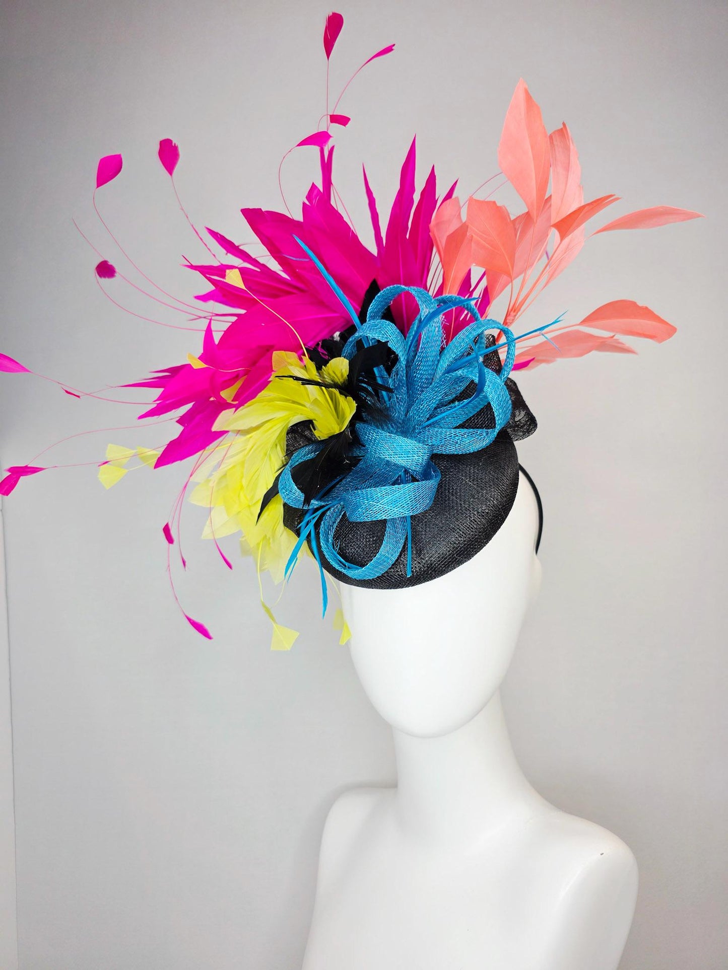 kentucky derby hat fascinator colorful black sinamay with turquoise blue sinamay bow and black yellow peach orange and hot pink feathers