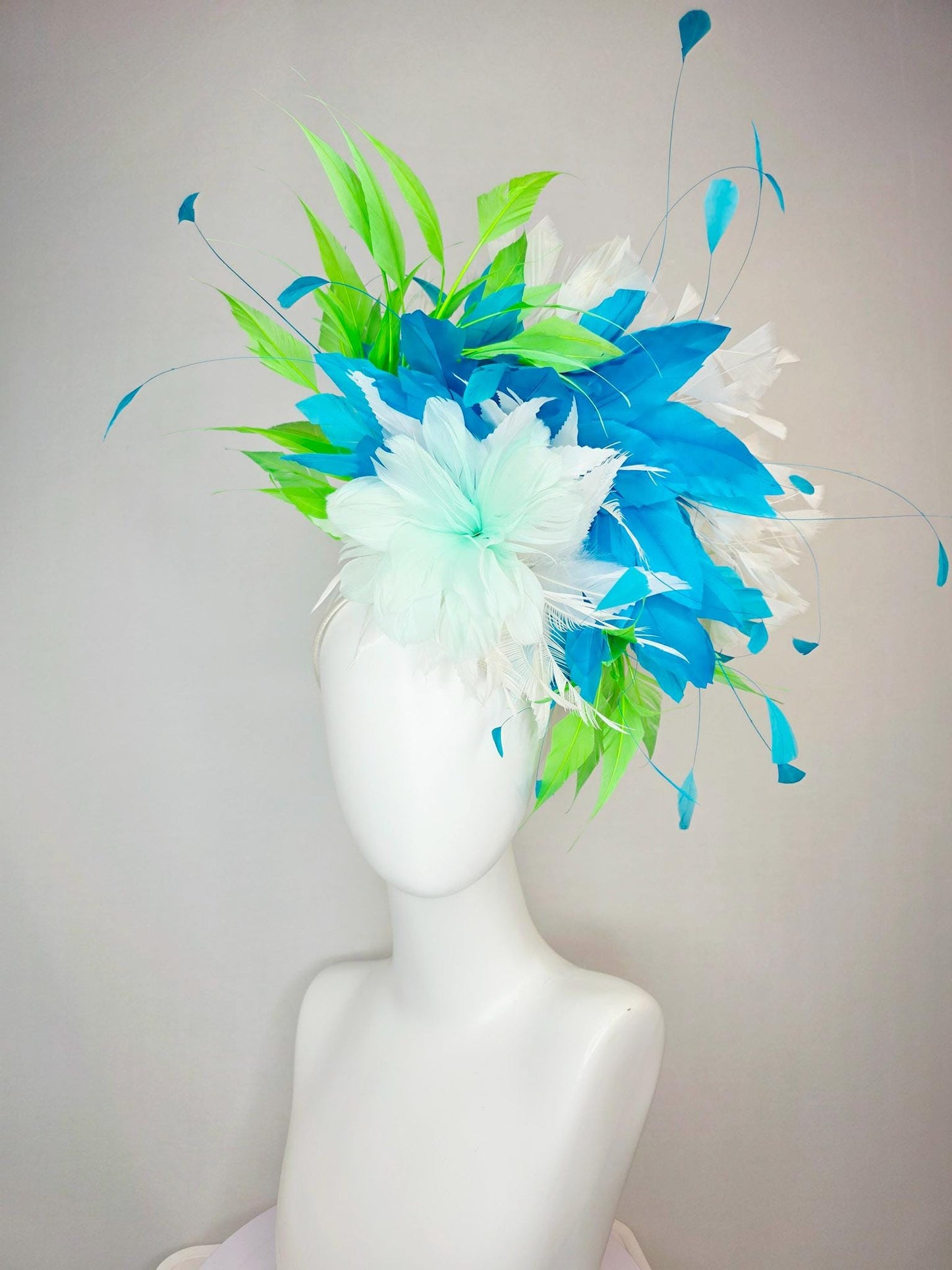 kentucky derby hat fascinator white light mint feather flower with turquoise blue lime green and white branching feathers
