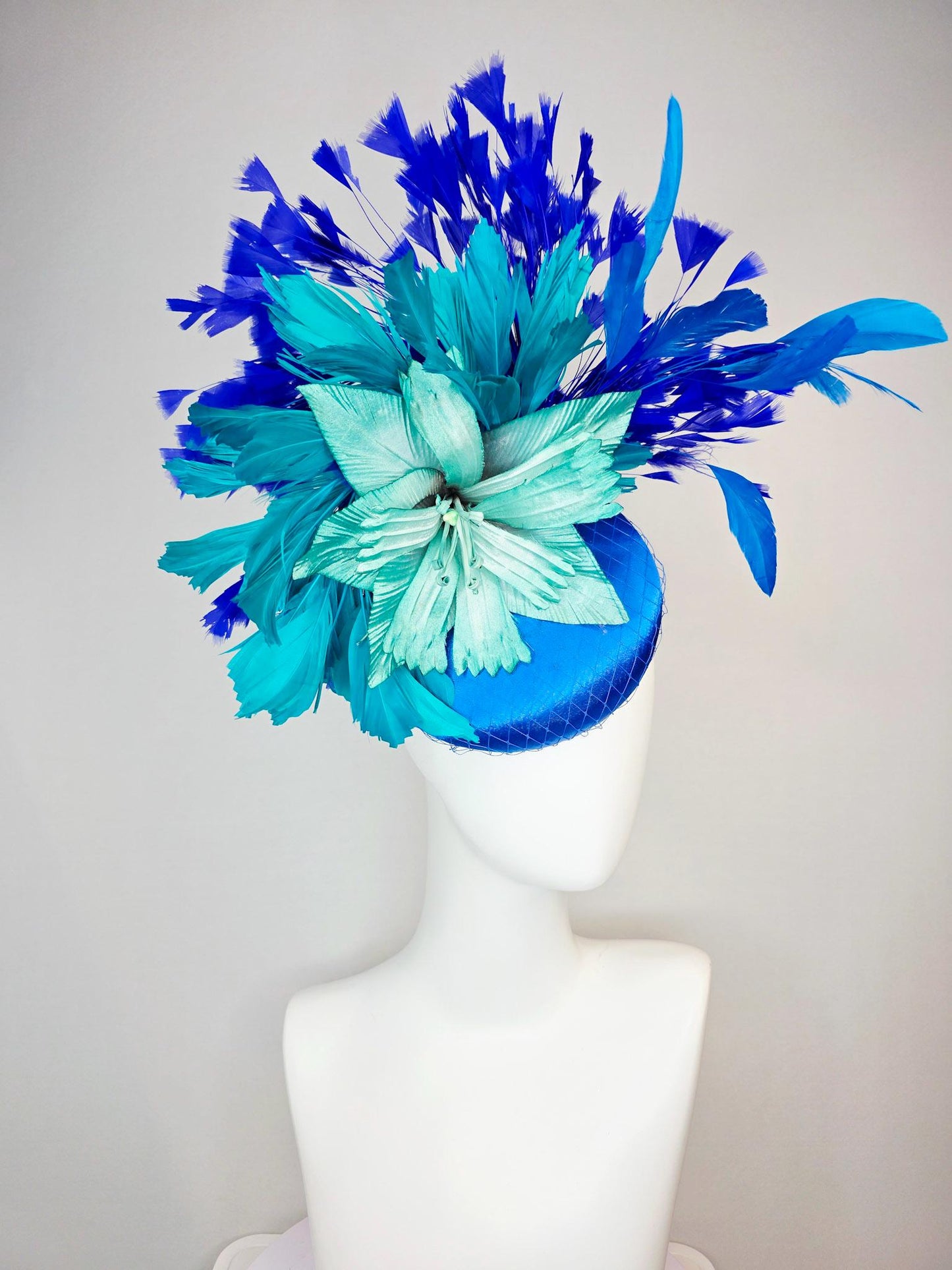 kentucky derby hat fascinator cobalt blue satin with netting teal blue ombre satin flower teal turquoise royal blue branching feathers