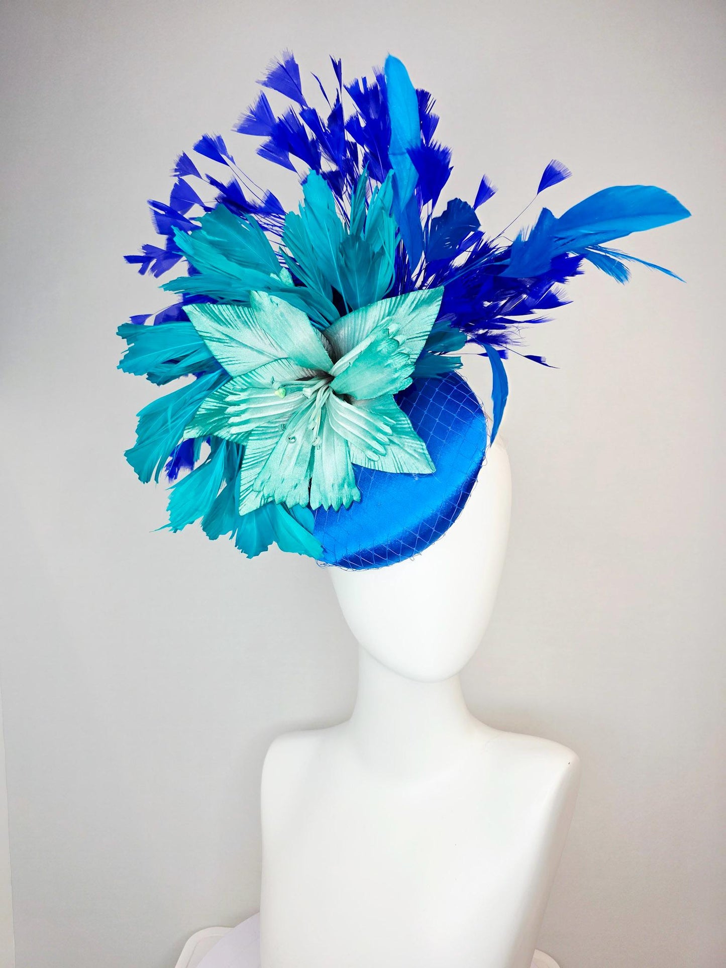 kentucky derby hat fascinator cobalt blue satin with netting teal blue ombre satin flower teal turquoise royal blue branching feathers