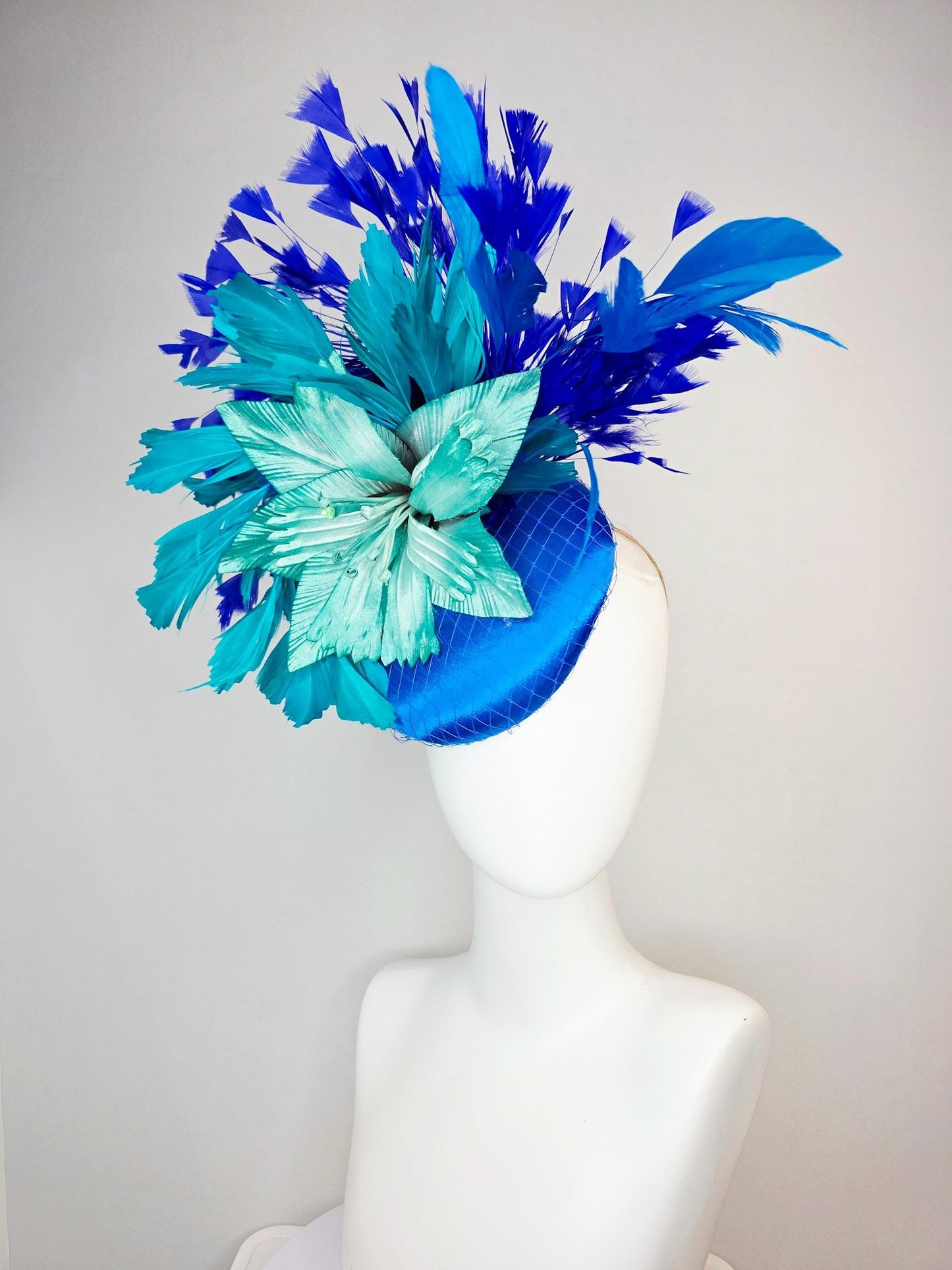 kentucky derby hat fascinator cobalt blue satin with netting teal blue ombre satin flower teal turquoise royal blue branching feathers
