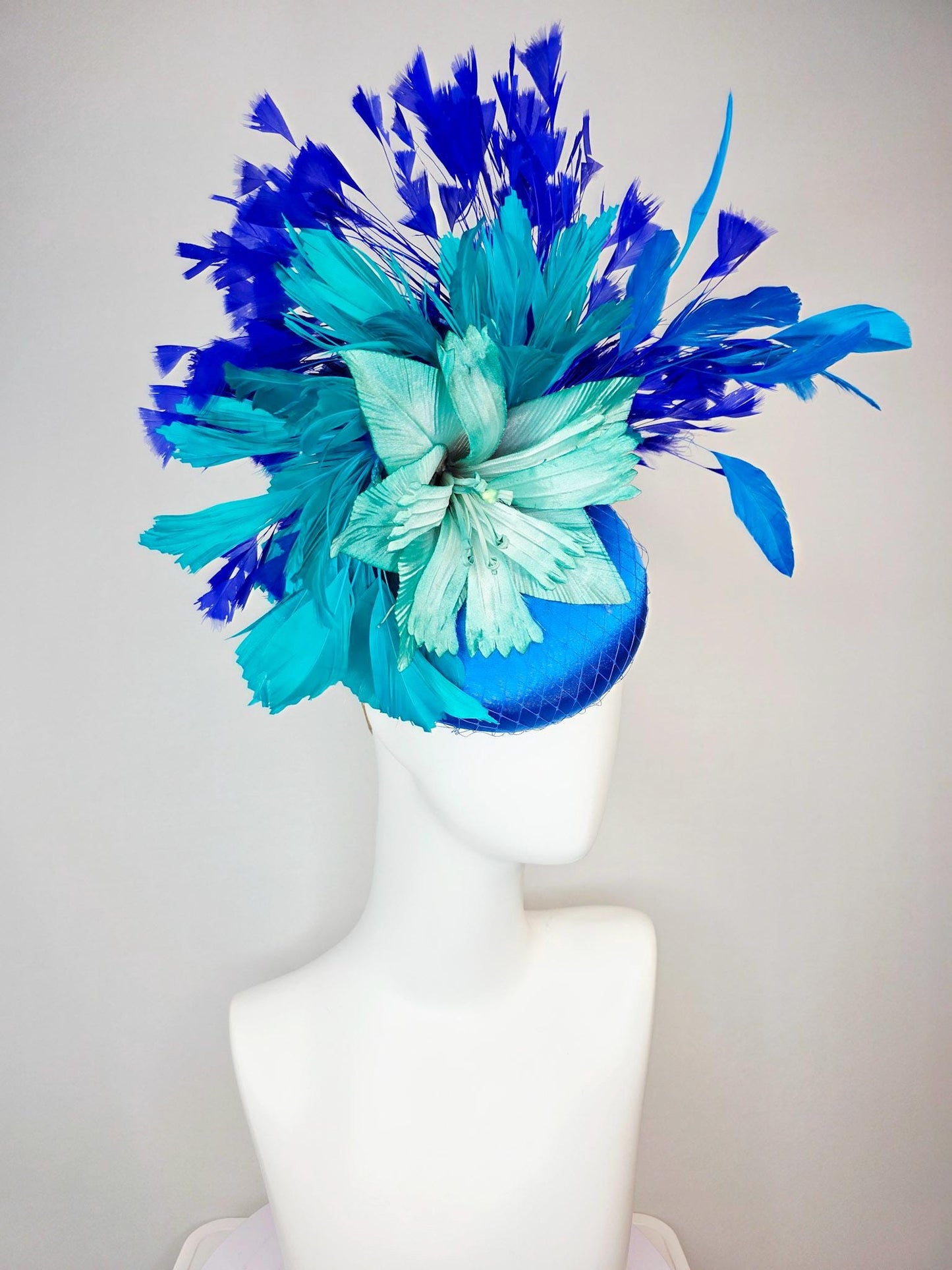 kentucky derby hat fascinator cobalt blue satin with netting teal blue ombre satin flower teal turquoise royal blue branching feathers