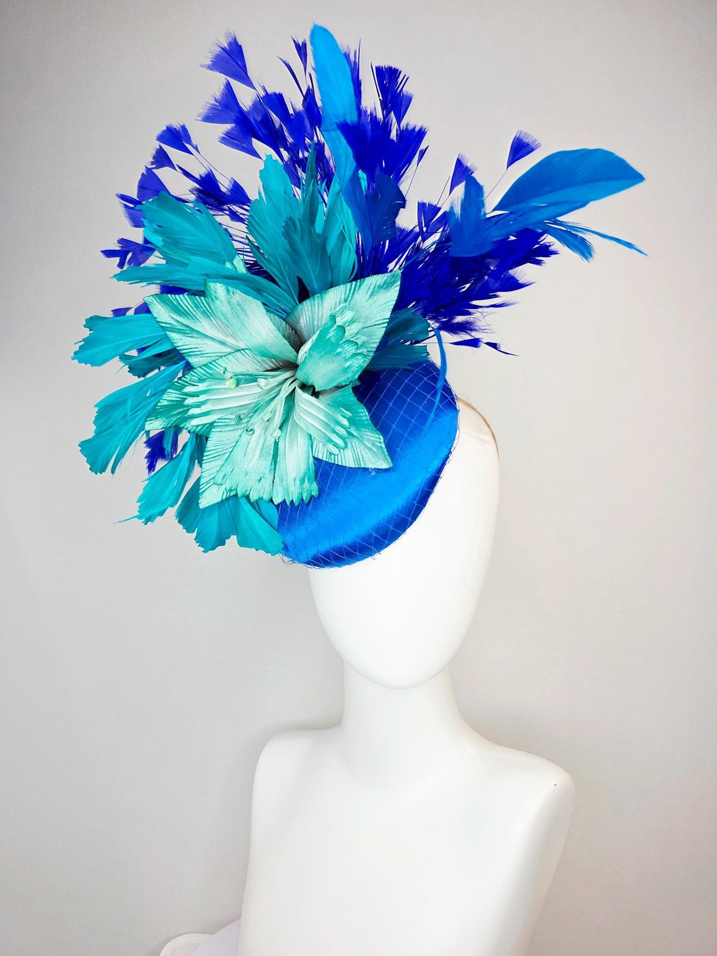 kentucky derby hat fascinator cobalt blue satin with netting teal blue ombre satin flower teal turquoise royal blue branching feathers