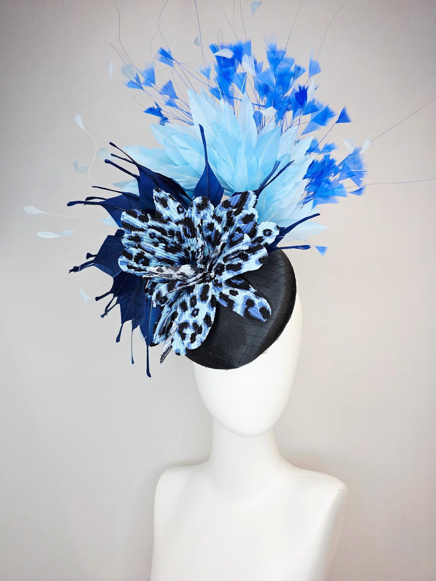 kentucky derby hat fascinator black satin with netting cheetah leopard black and blue pleated flower navy baby blue sky royal blue feathers
