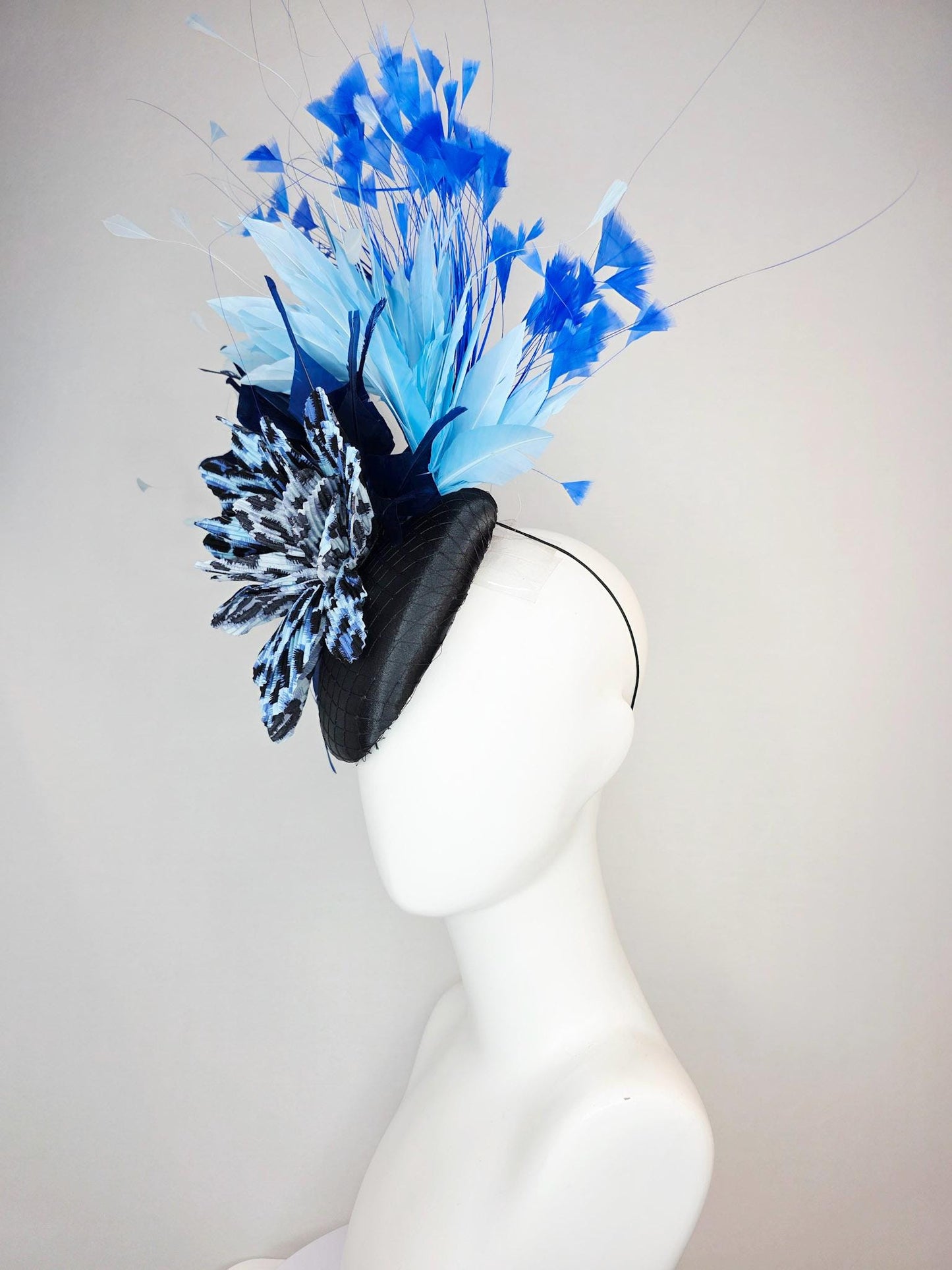 kentucky derby hat fascinator black satin with netting cheetah leopard black and blue pleated flower navy baby blue sky royal blue feathers