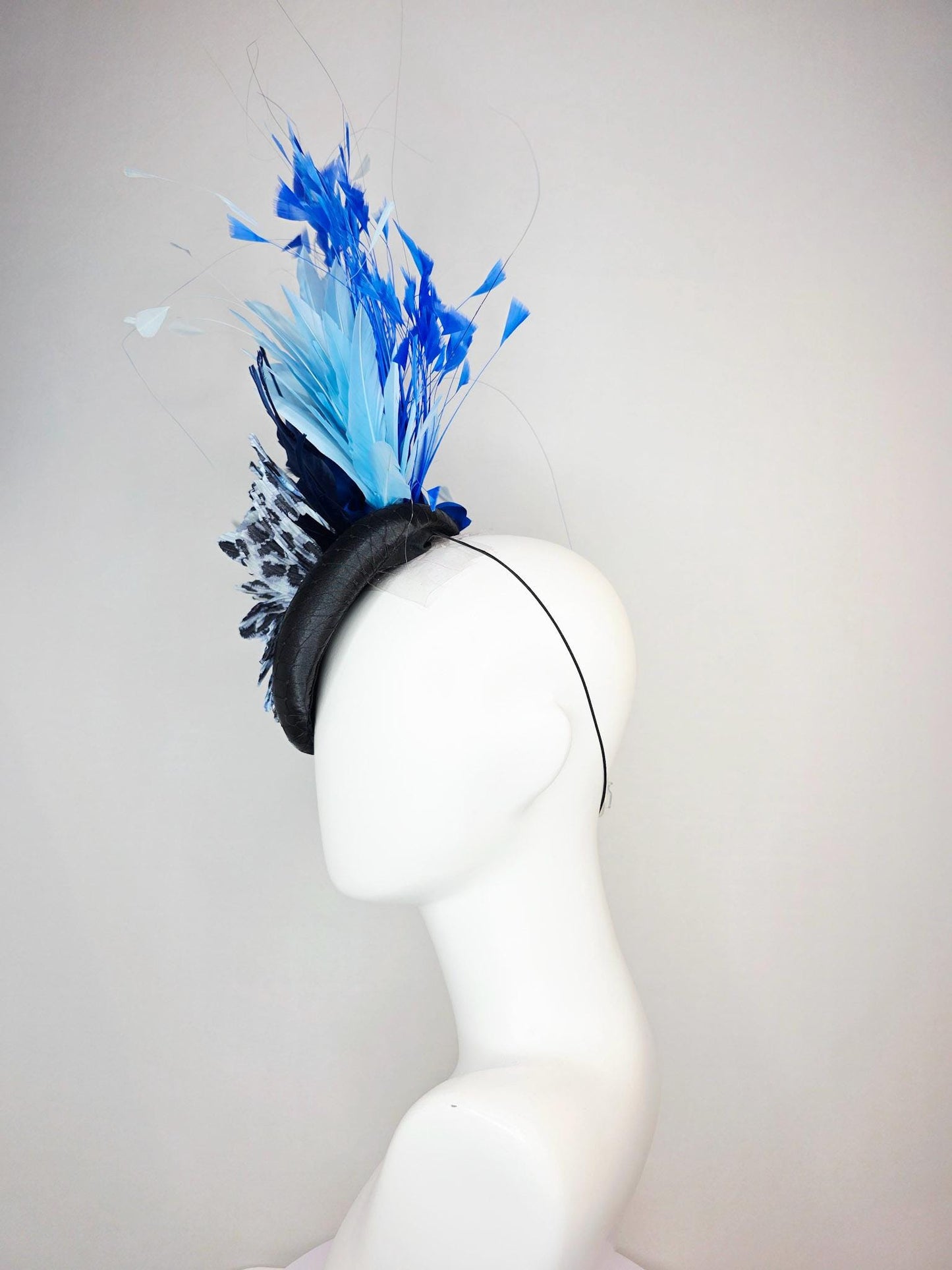 kentucky derby hat fascinator black satin with netting cheetah leopard black and blue pleated flower navy baby blue sky royal blue feathers
