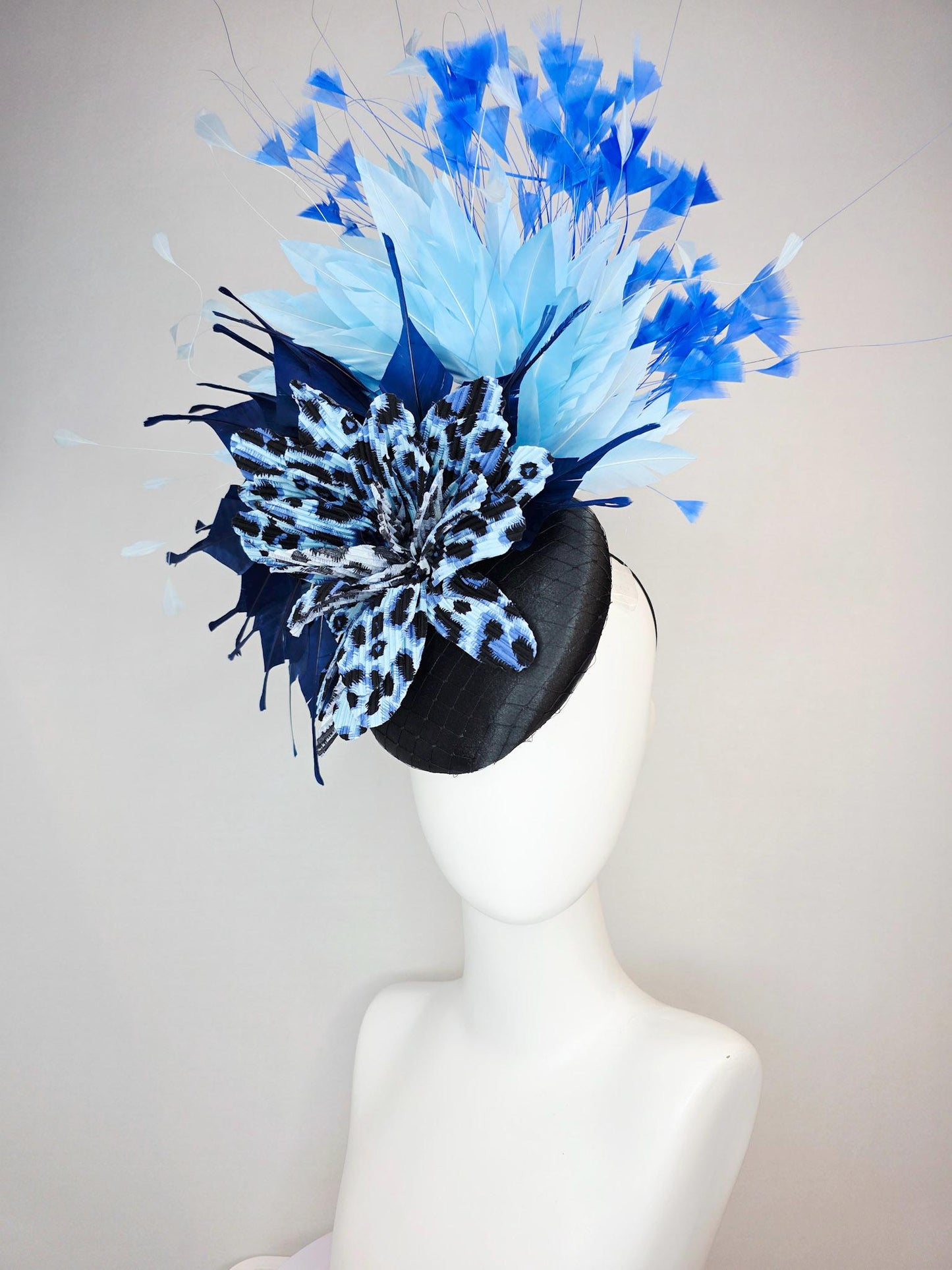 kentucky derby hat fascinator black satin with netting cheetah leopard black and blue pleated flower navy baby blue sky royal blue feathers