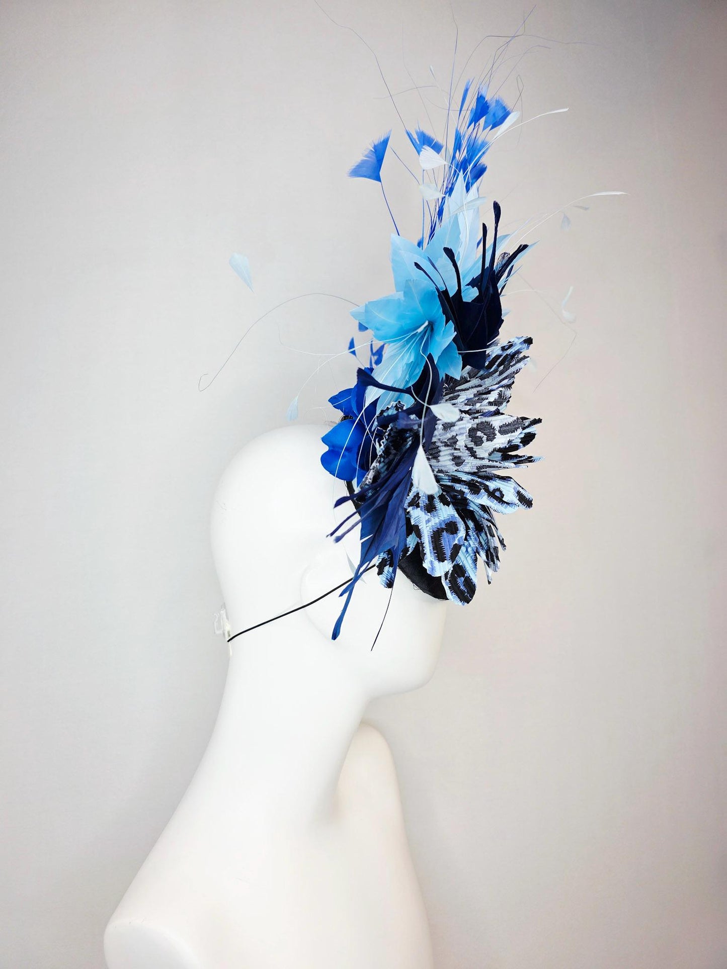 kentucky derby hat fascinator black satin with netting cheetah leopard black and blue pleated flower navy baby blue sky royal blue feathers