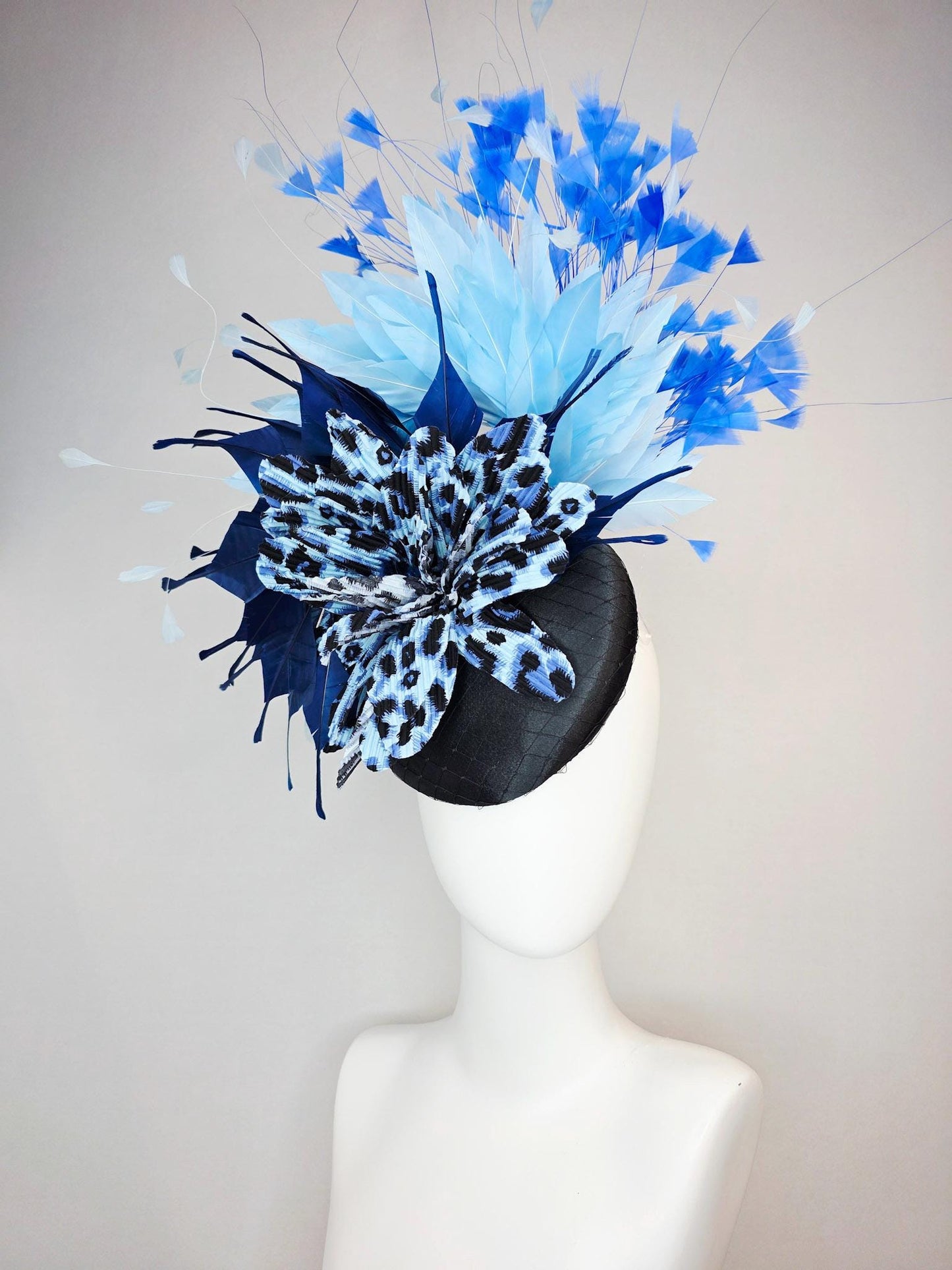 kentucky derby hat fascinator black satin with netting cheetah leopard black and blue pleated flower navy baby blue sky royal blue feathers