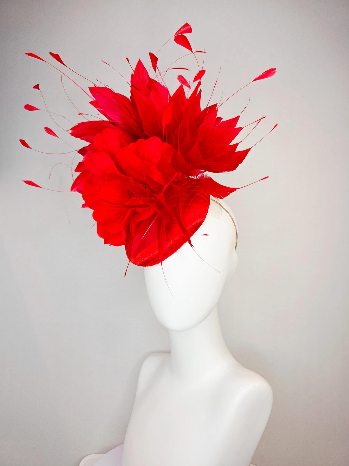 kentucky derby hat fascinator scarlet red satin with netting large bright red satin silk flower and scarlet bright red branching feathers