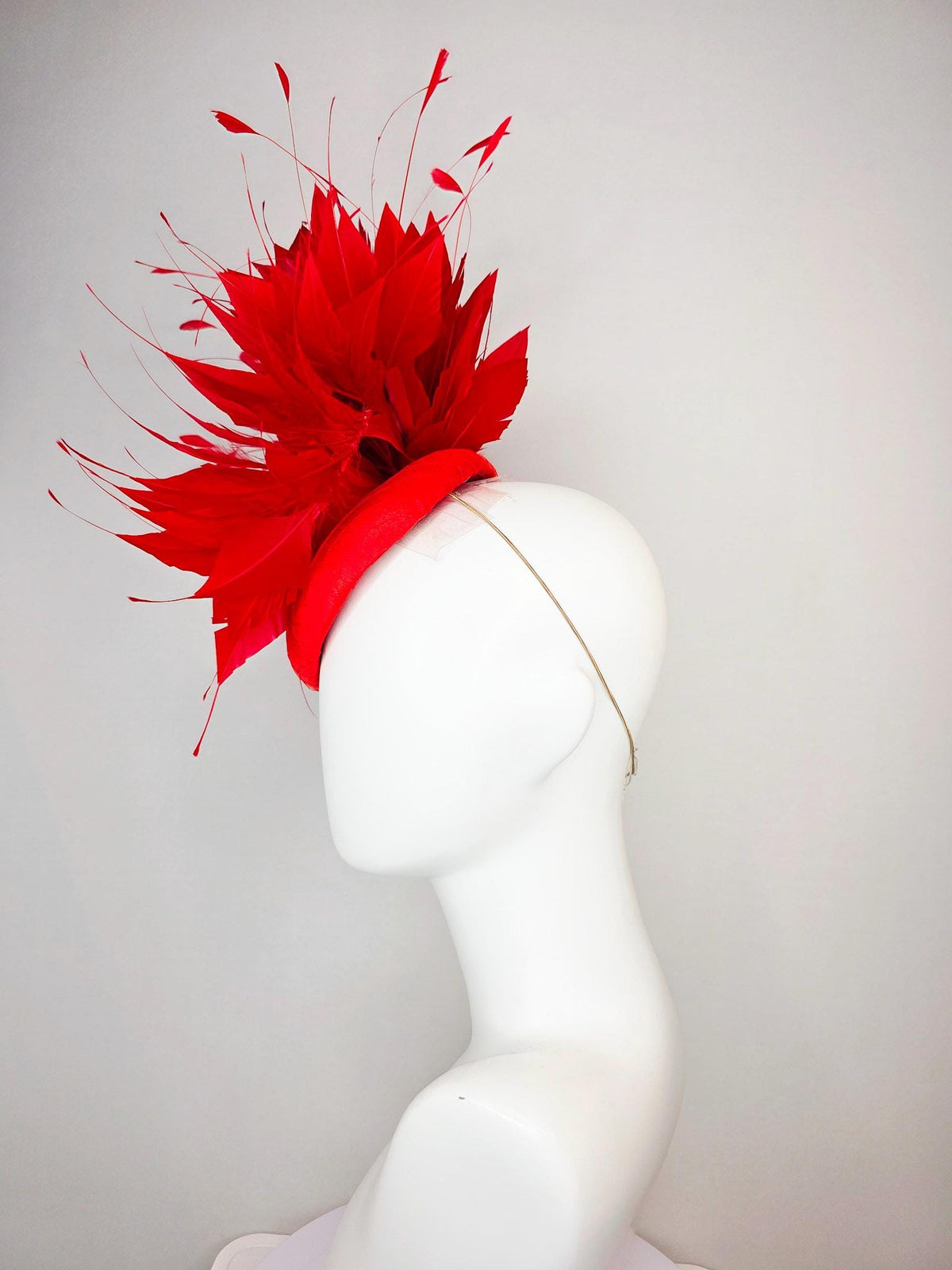 kentucky derby hat fascinator scarlet red satin with netting large bright red satin silk flower and scarlet bright red branching feathers