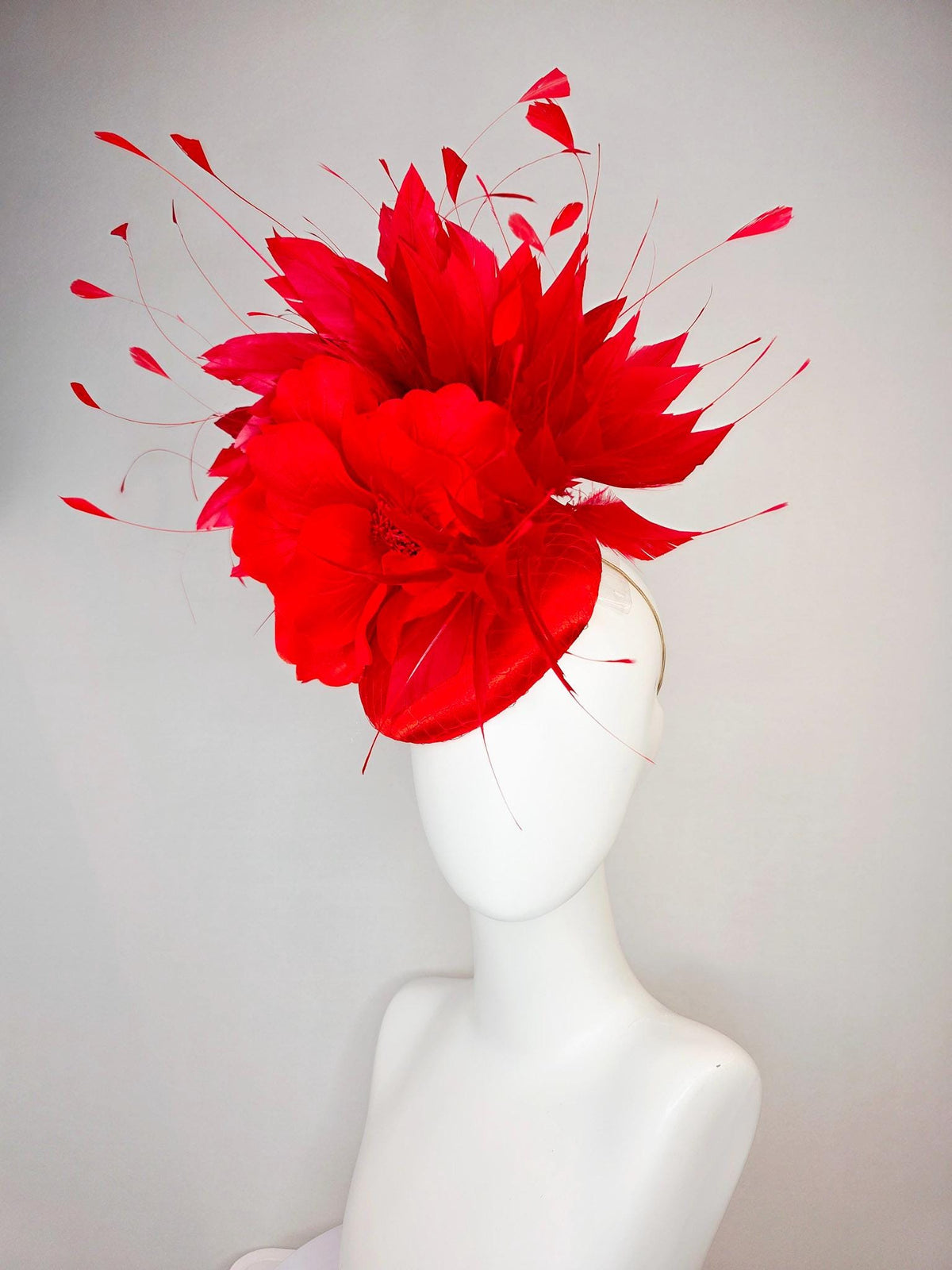 kentucky derby hat fascinator scarlet red satin with netting large bright red satin silk flower and scarlet bright red branching feathers