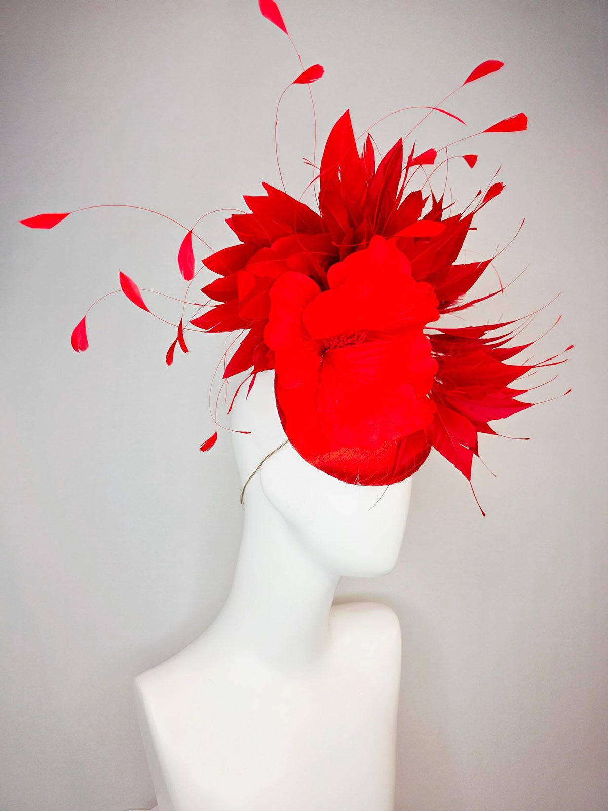 kentucky derby hat fascinator scarlet red satin with netting large bright red satin silk flower and scarlet bright red branching feathers