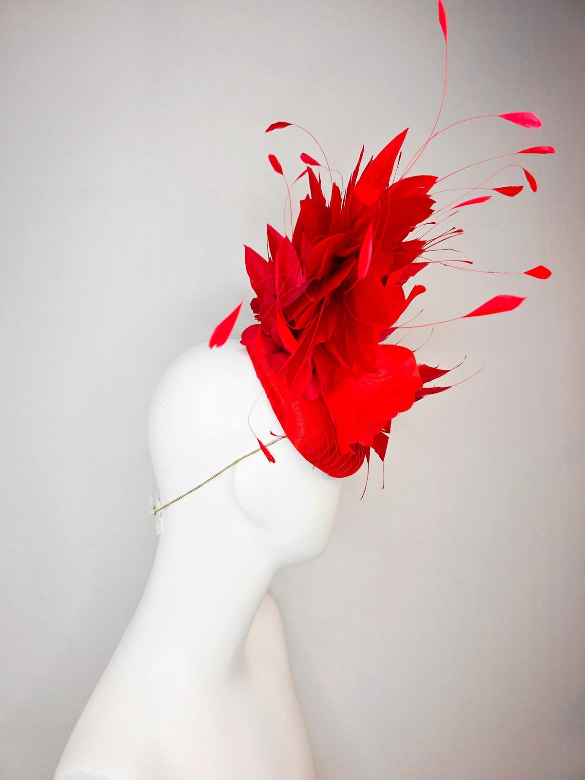 kentucky derby hat fascinator scarlet red satin with netting large bright red satin silk flower and scarlet bright red branching feathers