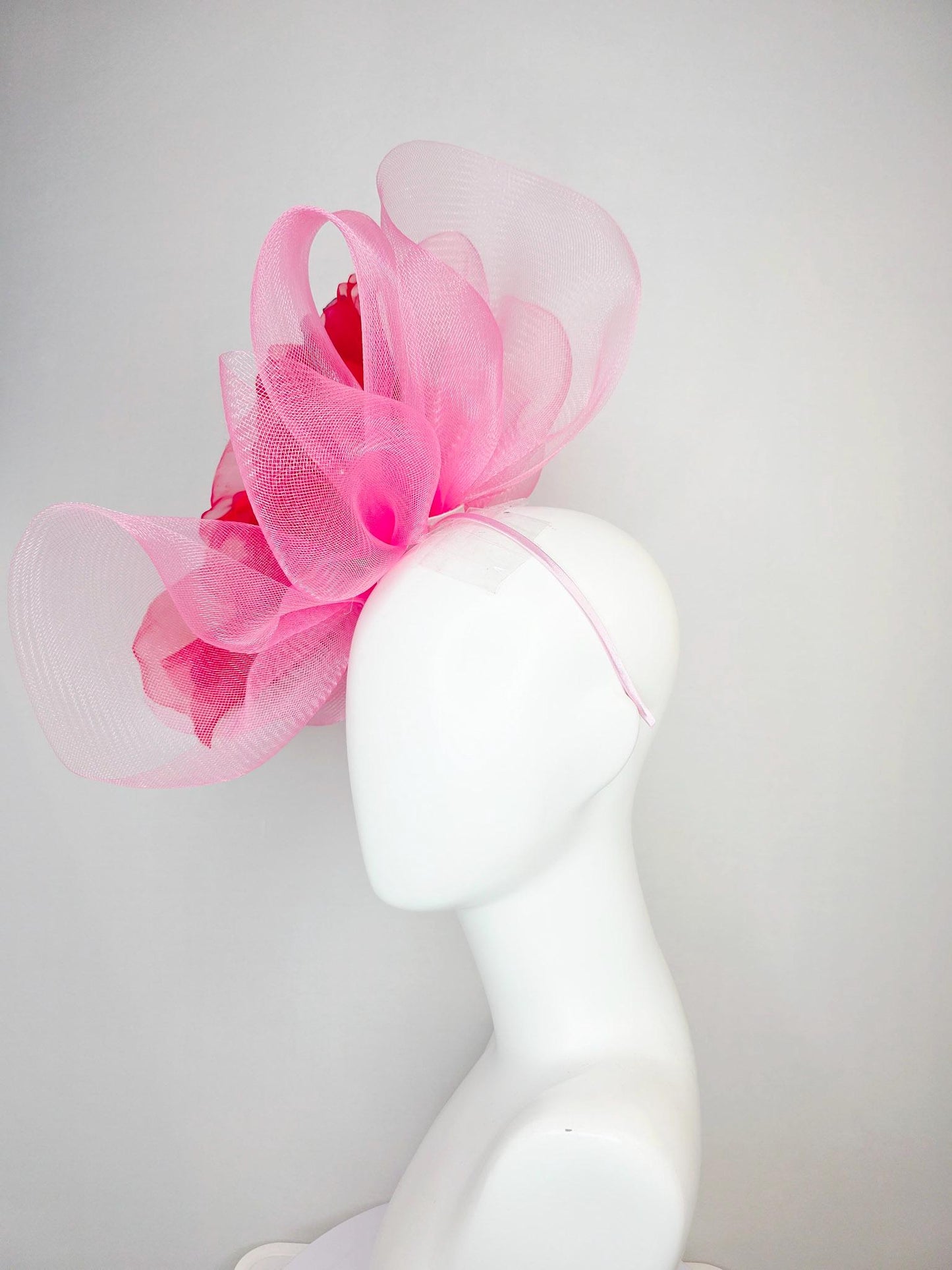 kentucky derby hat fascinator light baby pink crinoline ruffle base with large wine red organza satin flower