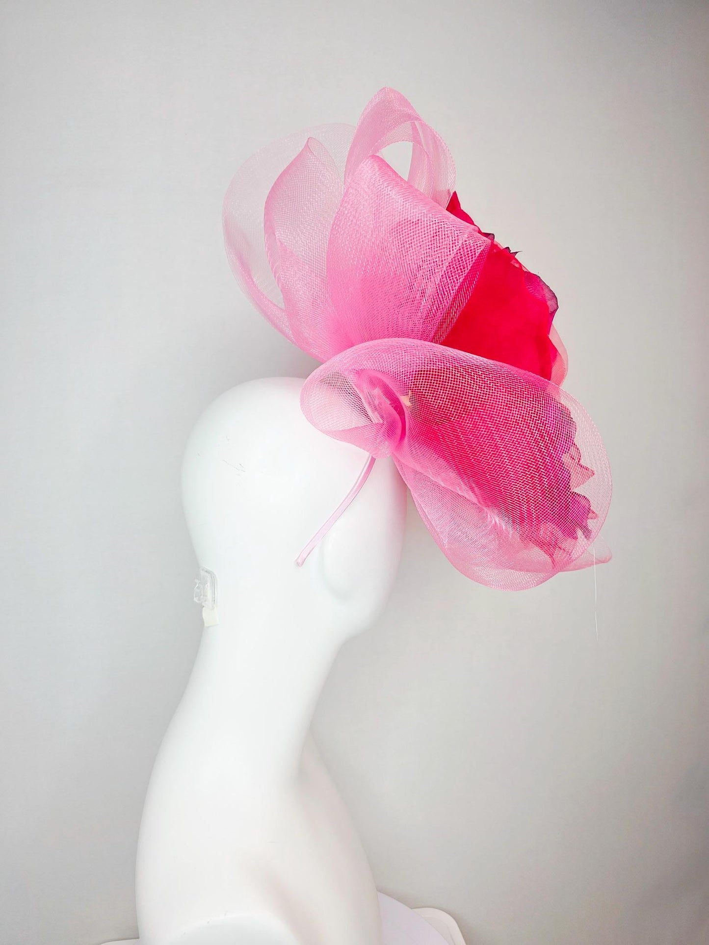 kentucky derby hat fascinator light baby pink crinoline ruffle base with large wine red organza satin flower