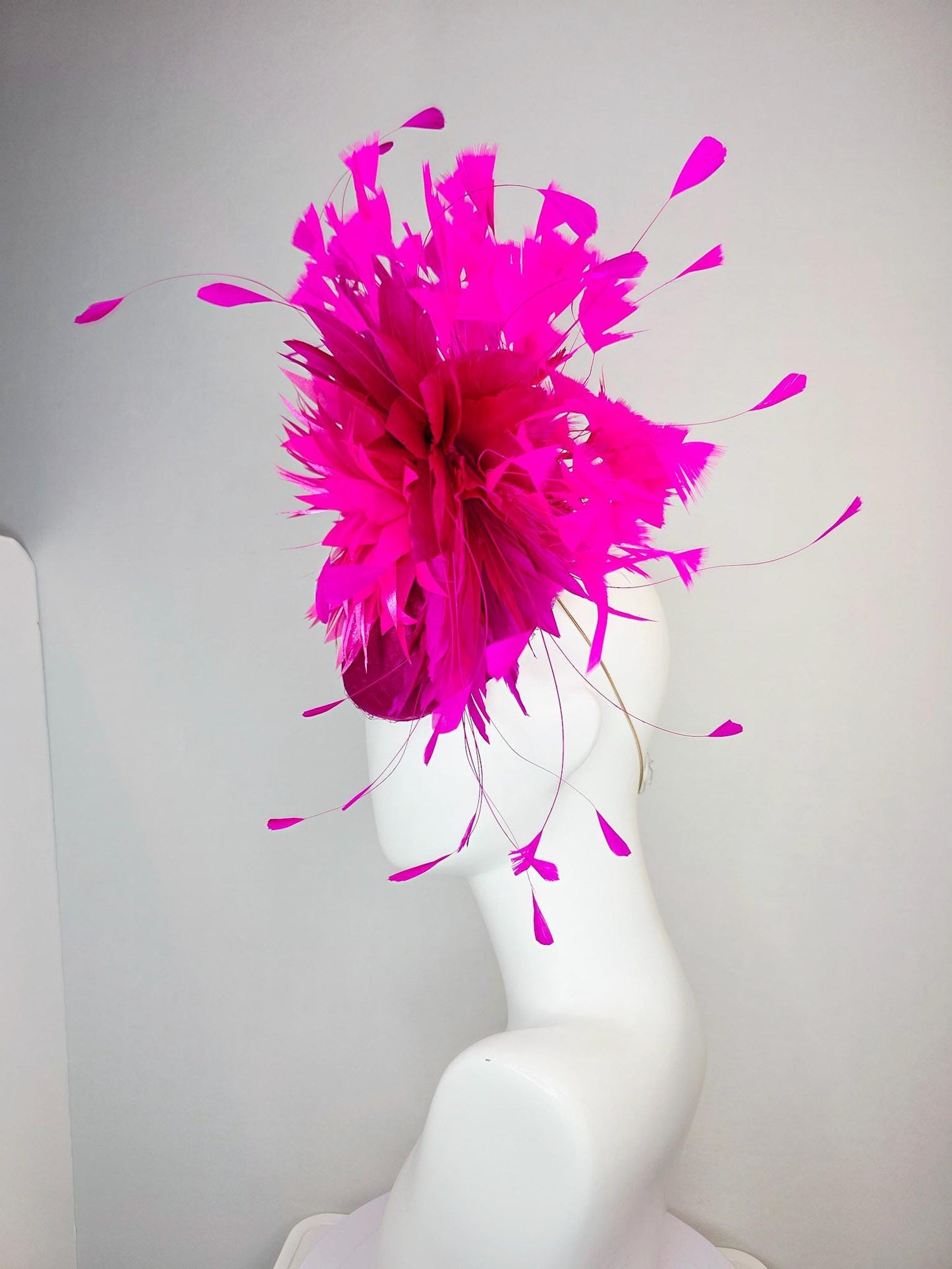 kentucky derby hat fascinator hot pink fuchsia satin with netting fluffy bright fuchsia pink feathers and hot pink fuchsia branching feather