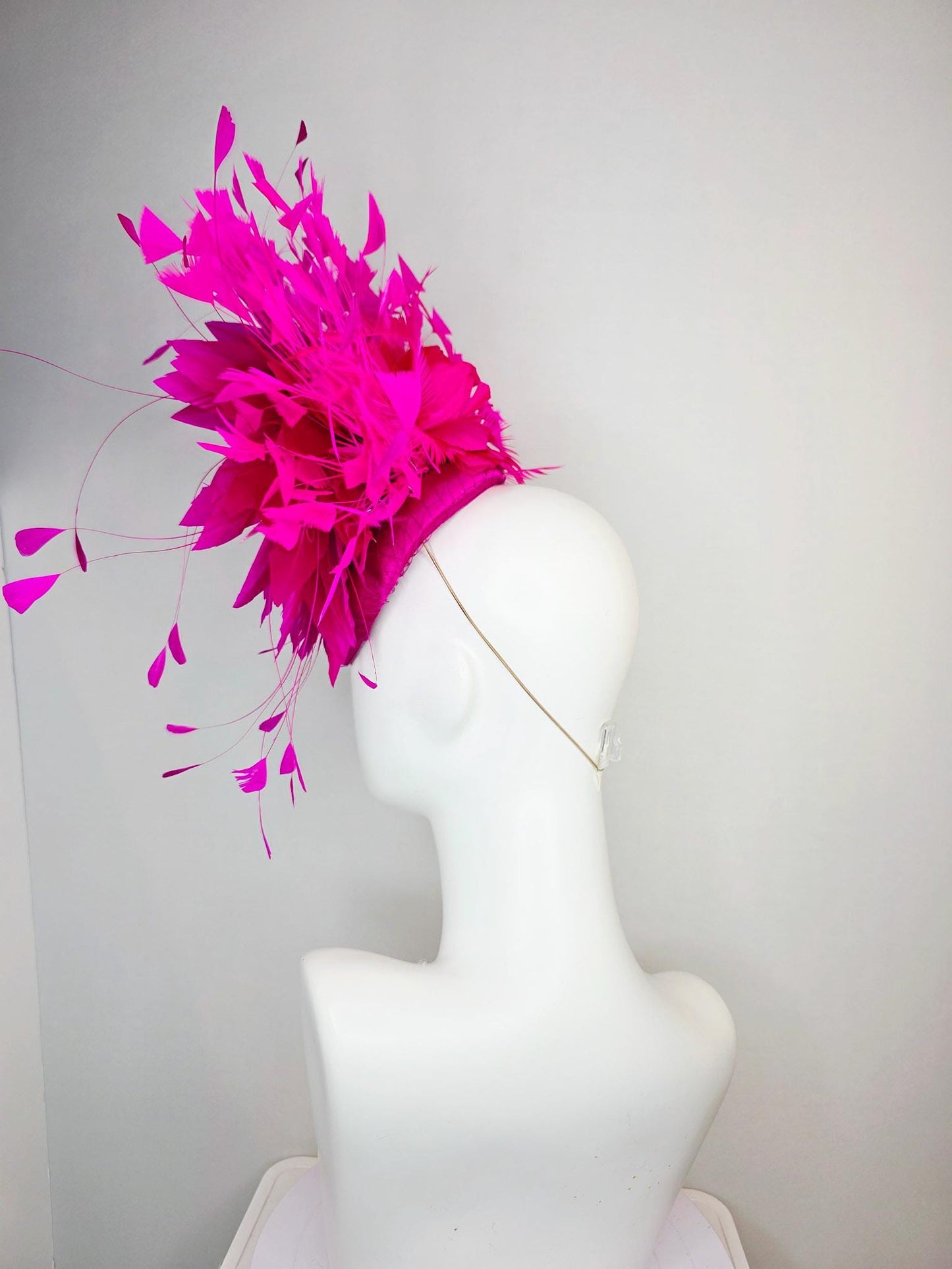 kentucky derby hat fascinator hot pink fuchsia satin with netting fluffy bright fuchsia pink feathers and hot pink fuchsia branching feather