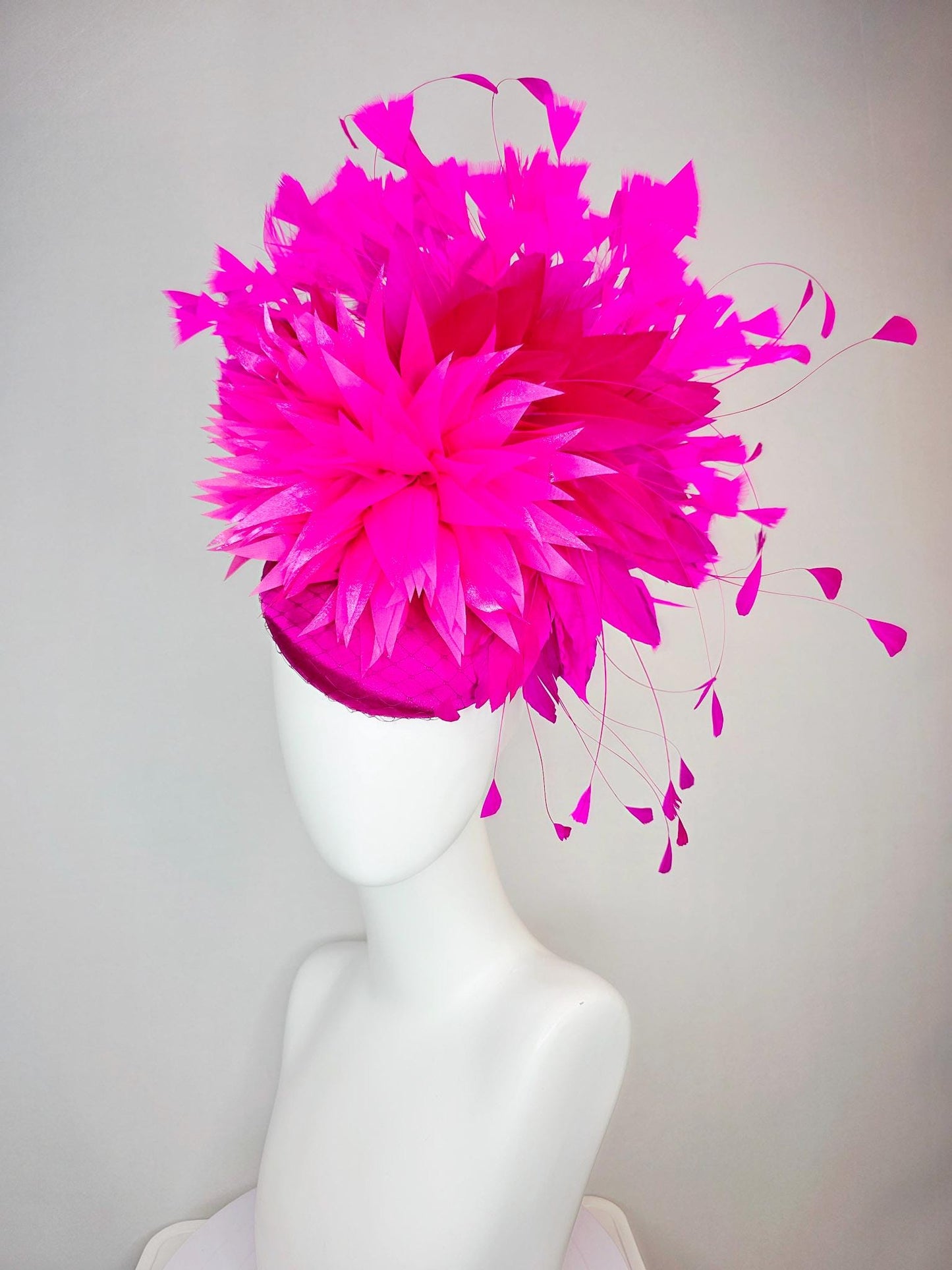 kentucky derby hat fascinator hot pink fuchsia satin with netting fluffy bright fuchsia pink feathers and hot pink fuchsia branching feather